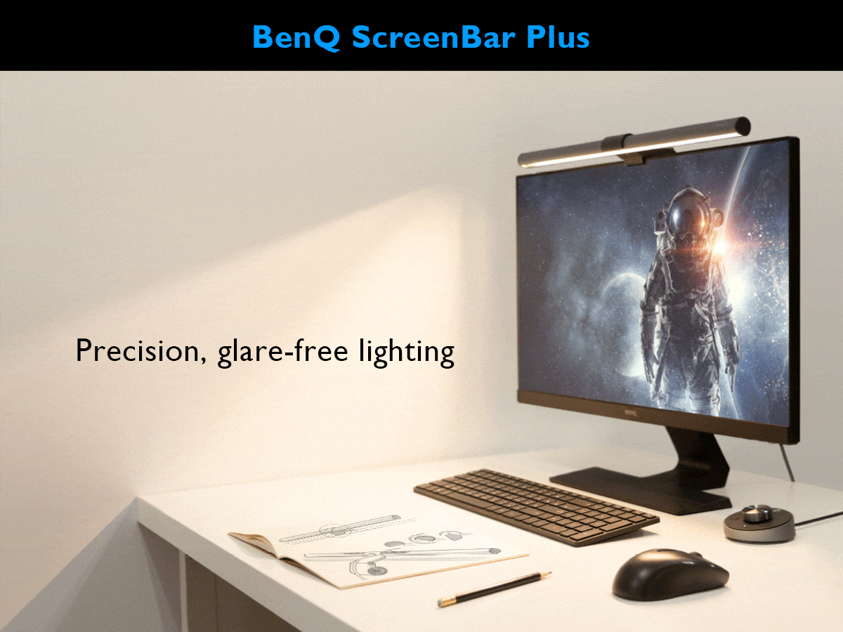 BenQ computer monitor light ScreenBar Plus is equipped with glare-free technology.
