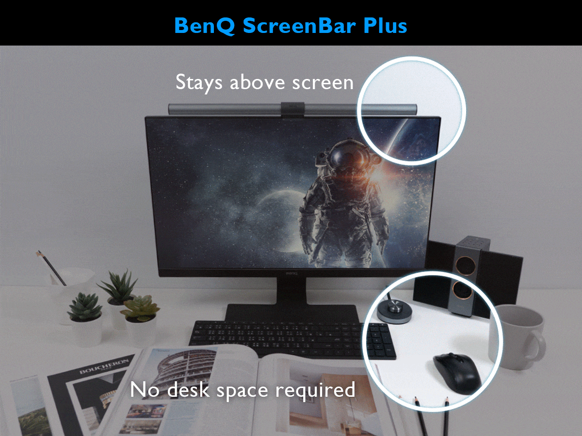BenQ computer monitor light ScreenBar Plus takes up no desk space.