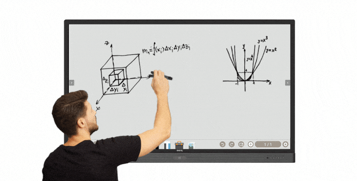 teacher using two BenQ pens to deliver math class via EZWrite whiteboarding software on BenQ interactive display