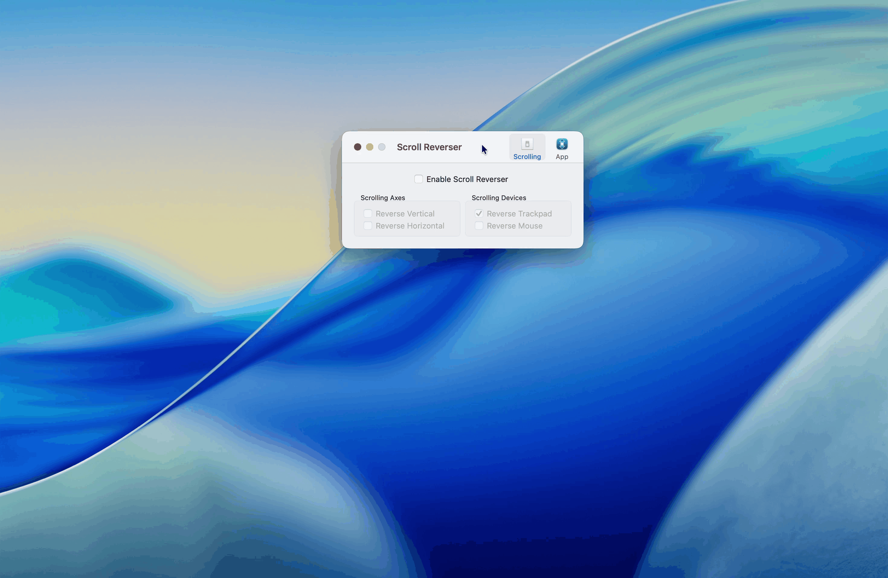 Screen recording showing how a third-party app can set separate scrolling directions for a mouse and trackpad on macOS.