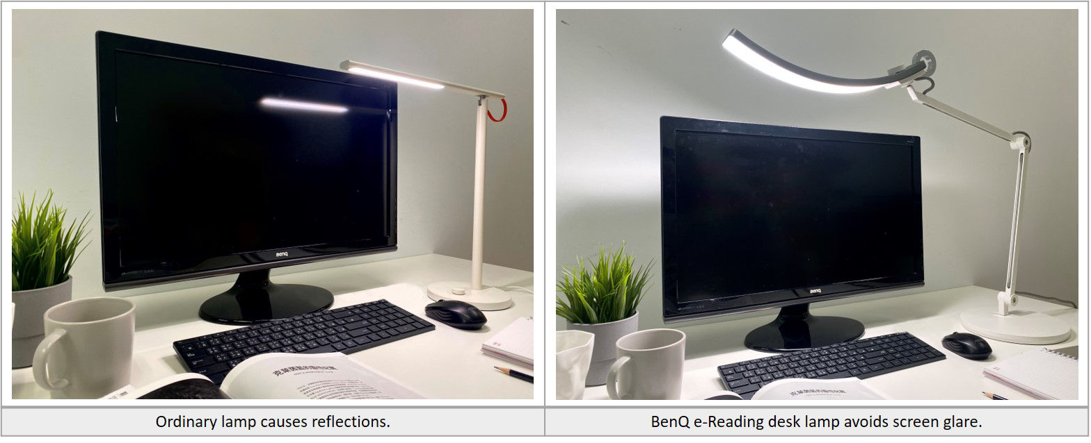 Ordinary lamp causes reflections. BenQ e-reading desk lamp avoids screen glare.