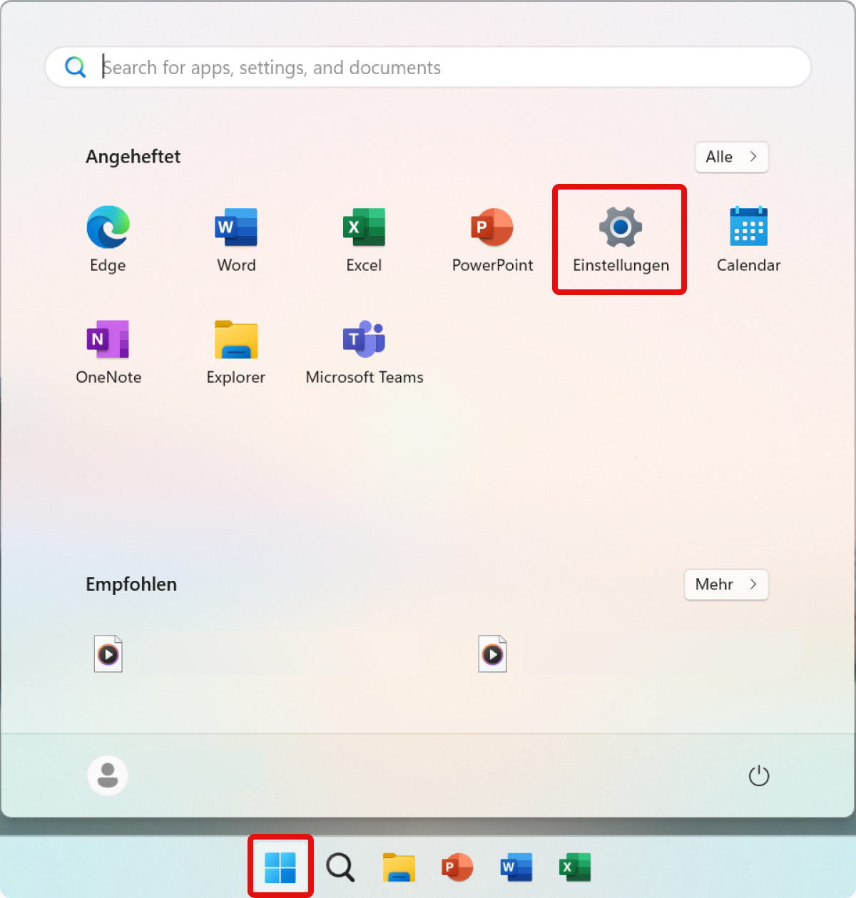 Klicke auf das Windows-Symbol und öffne die Einstellungen