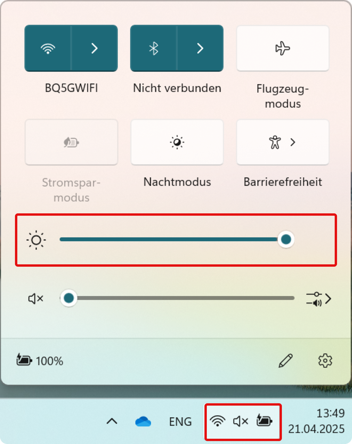 Alternativ kannst du unten rechts in der Taskleiste auf das Schnellmenü klicken und den Helligkeitsregler verwenden.