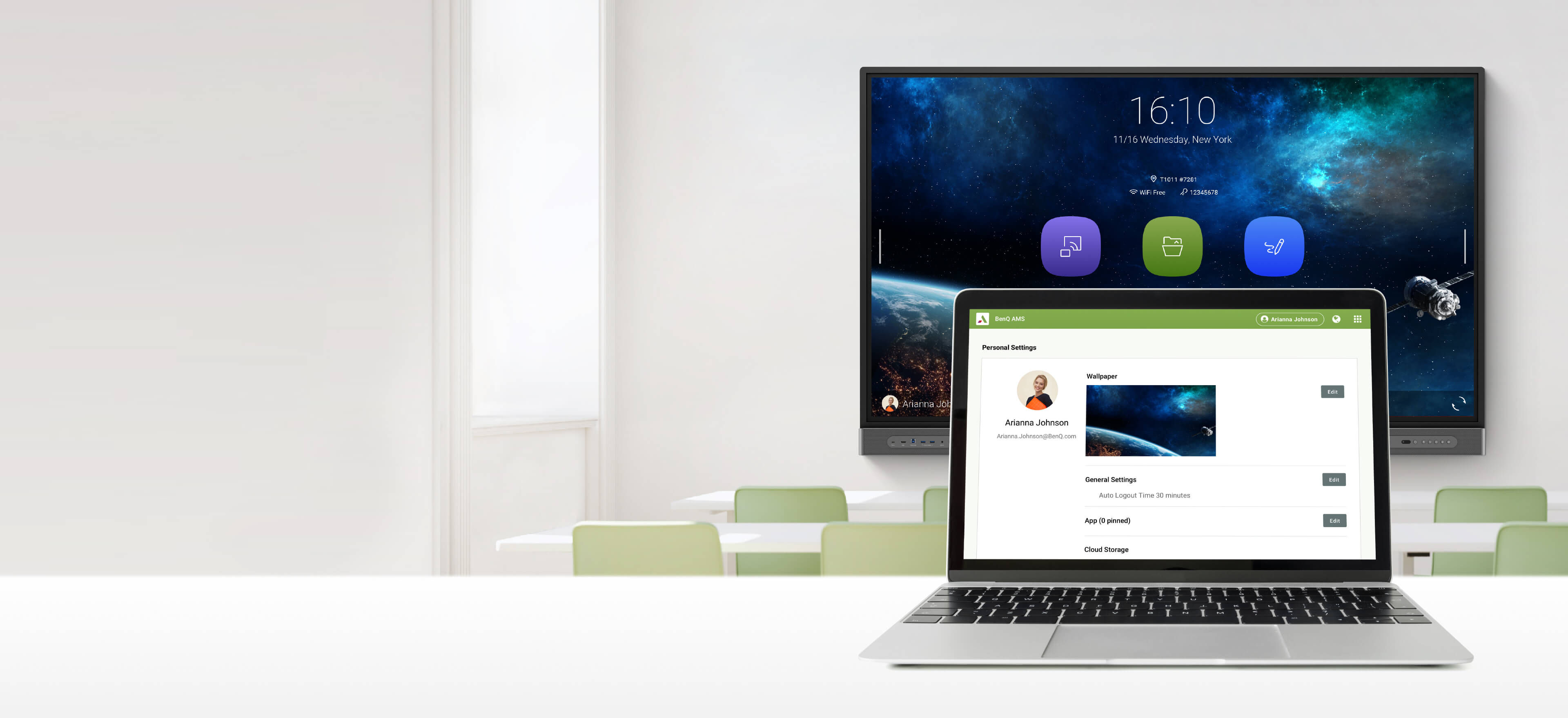 Account Management System open on laptop in front of interactive display in classroom