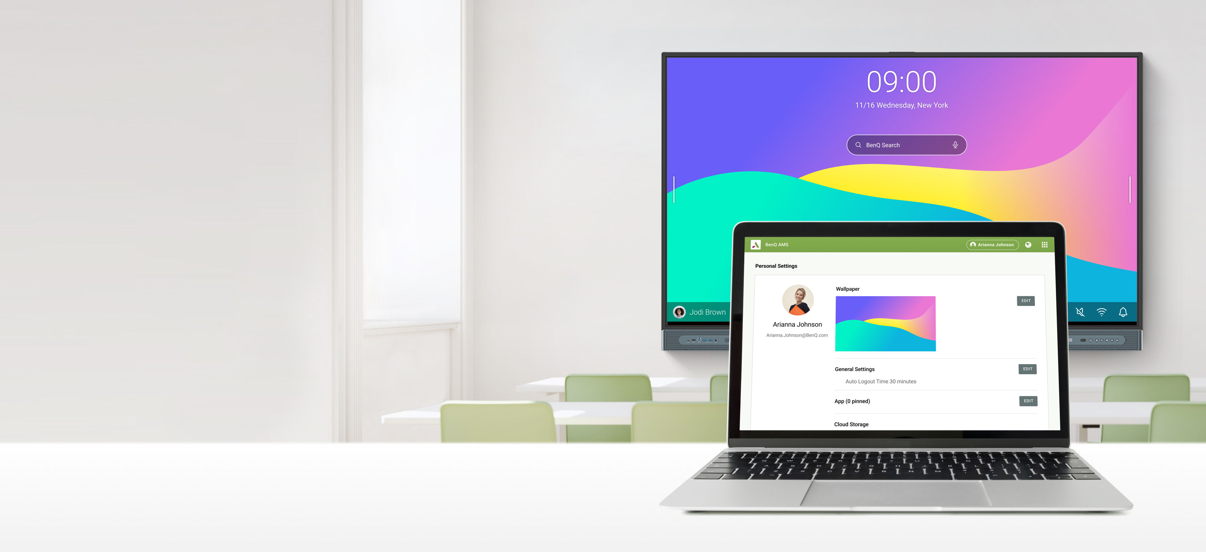 Account Management System open on laptop in front of interactive display in classroom