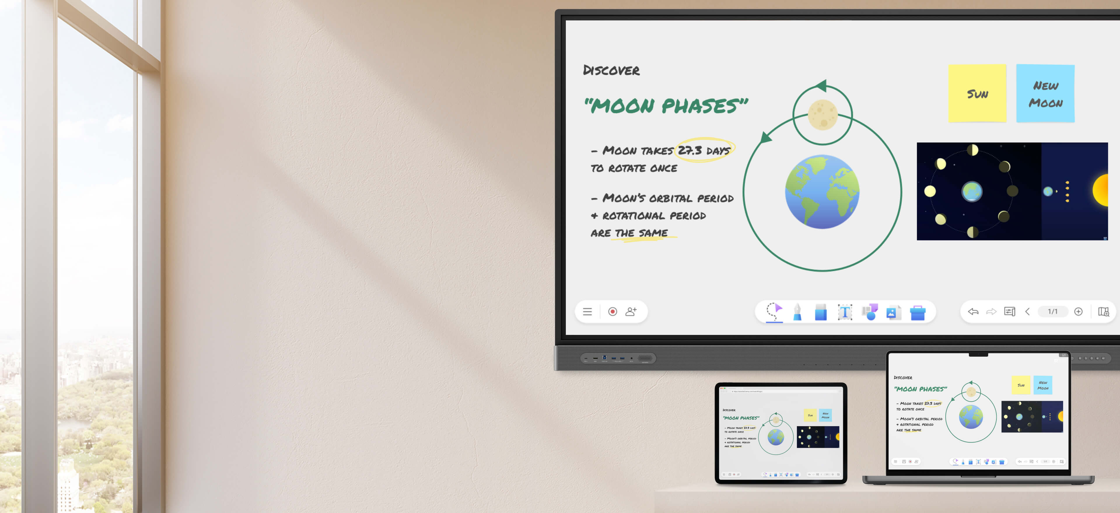 EZWrite 6 whiteboard software session on interactive BenQ Board display, laptop, and tablet