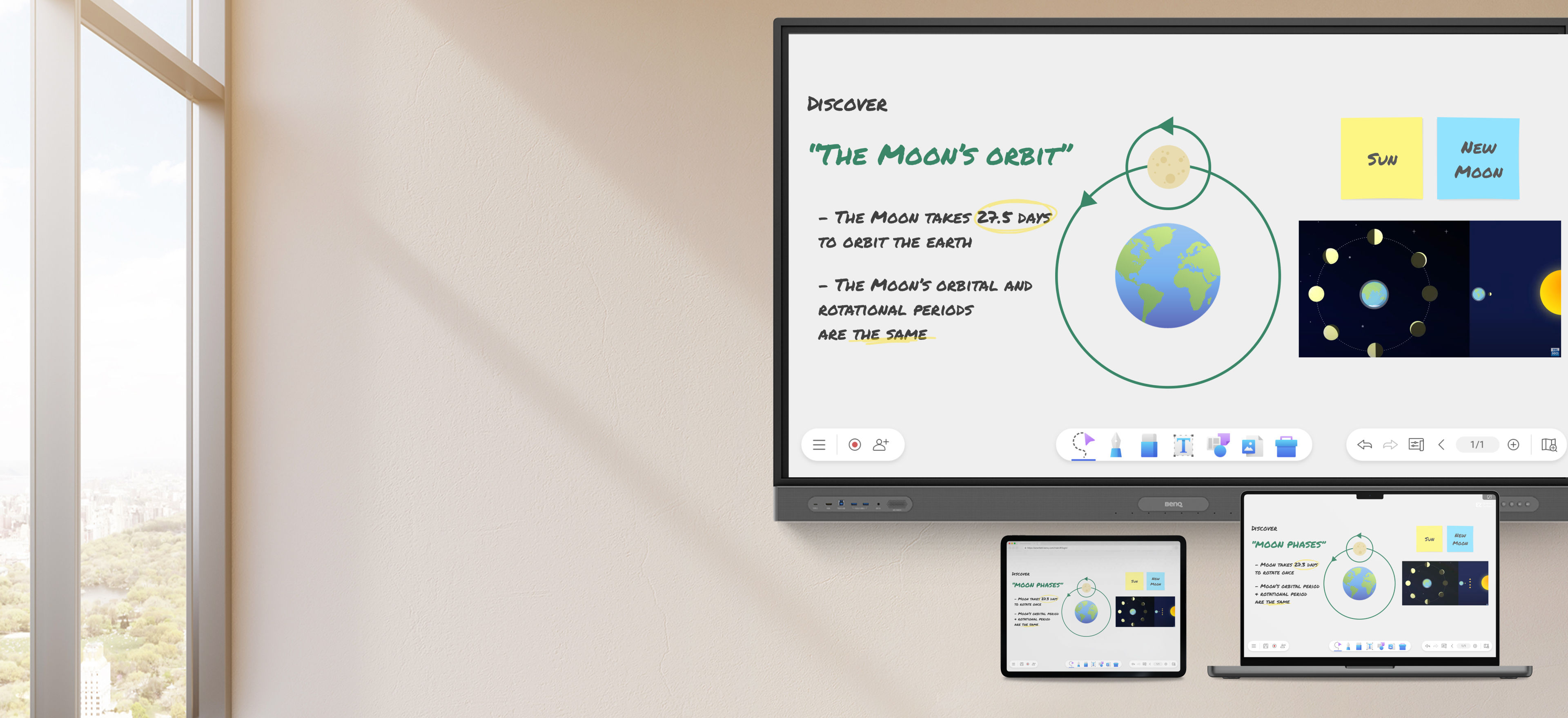 EZWrite 6 whiteboard software session on interactive BenQ Board display, laptop, and tablet