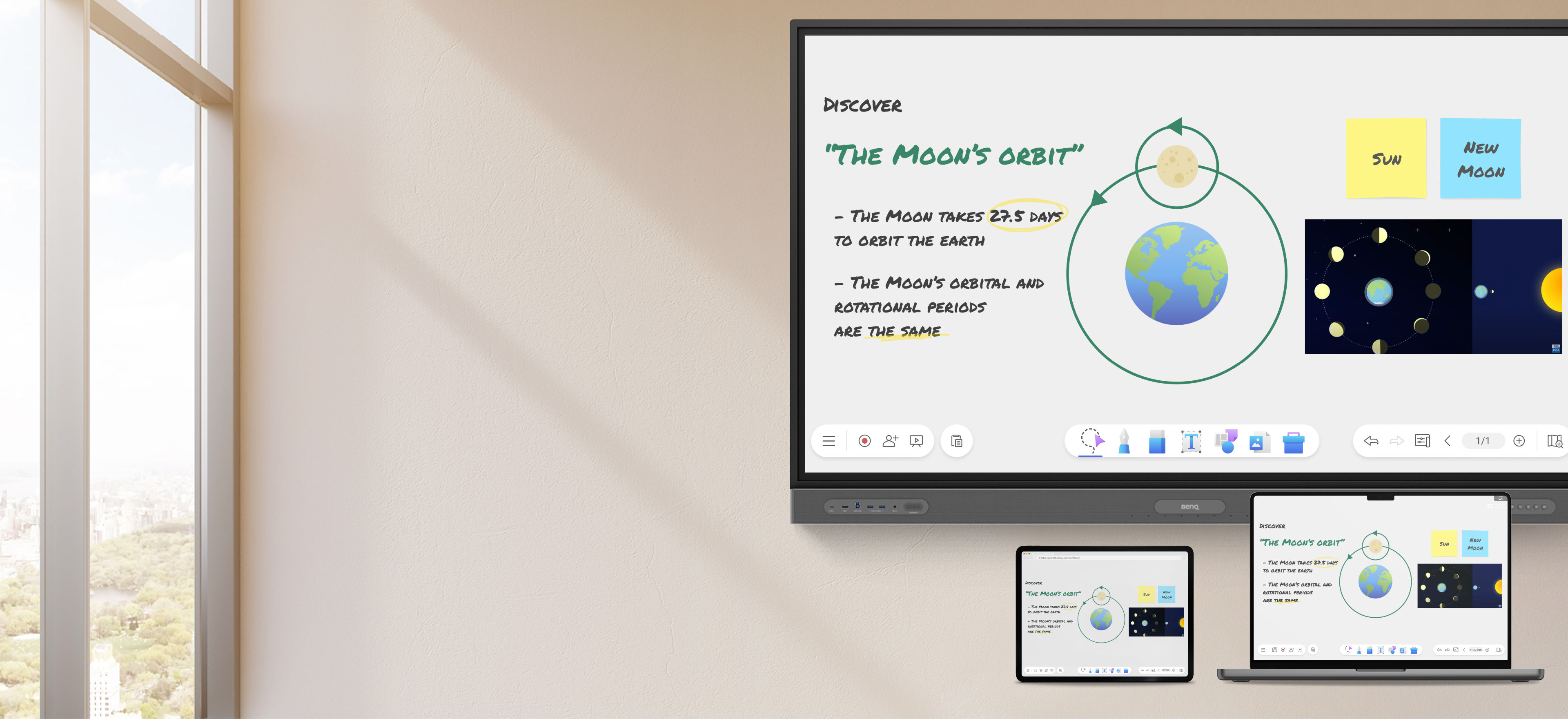 EZWrite 6 whiteboard software session on interactive BenQ Board display, laptop, and tablet