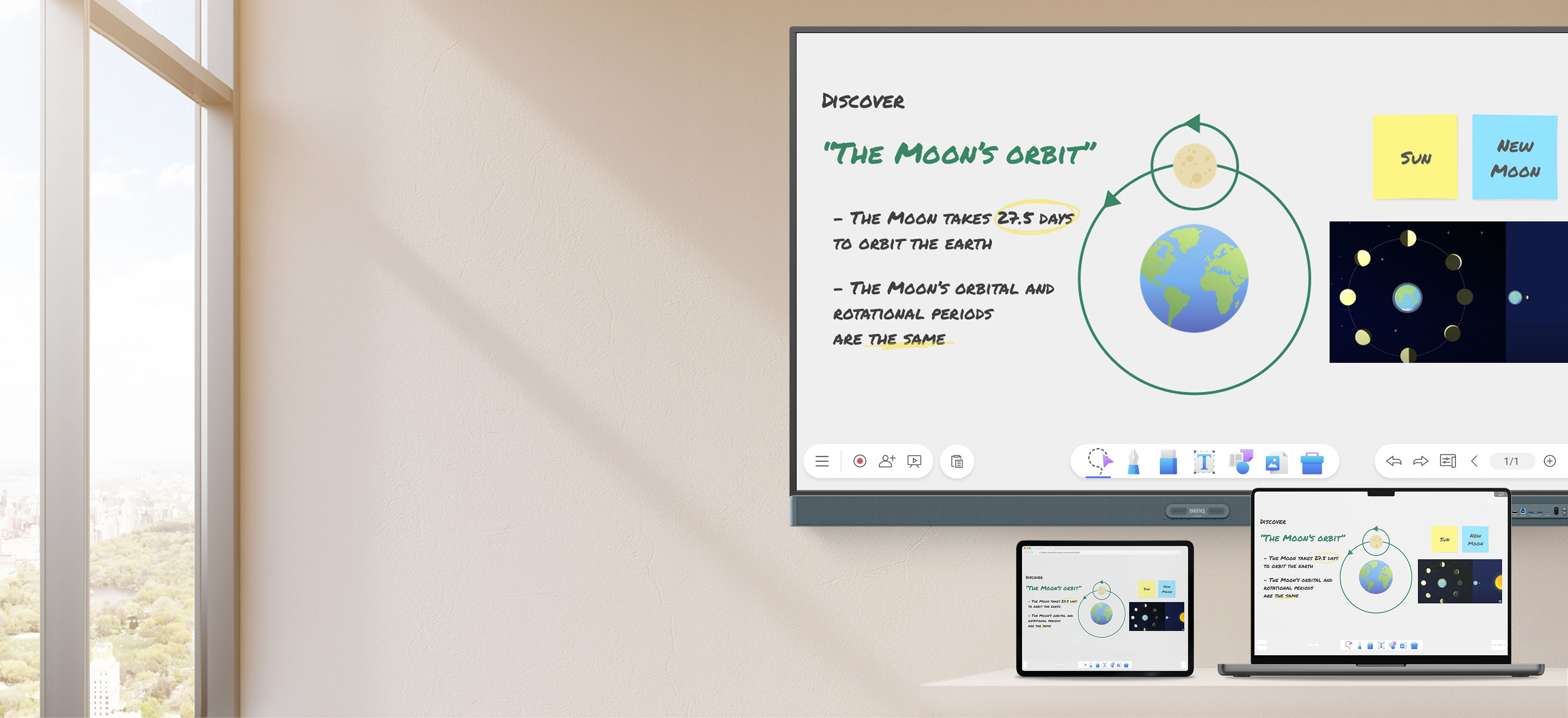 EZWrite 6 whiteboard software session on interactive BenQ Board display, laptop, and tablet