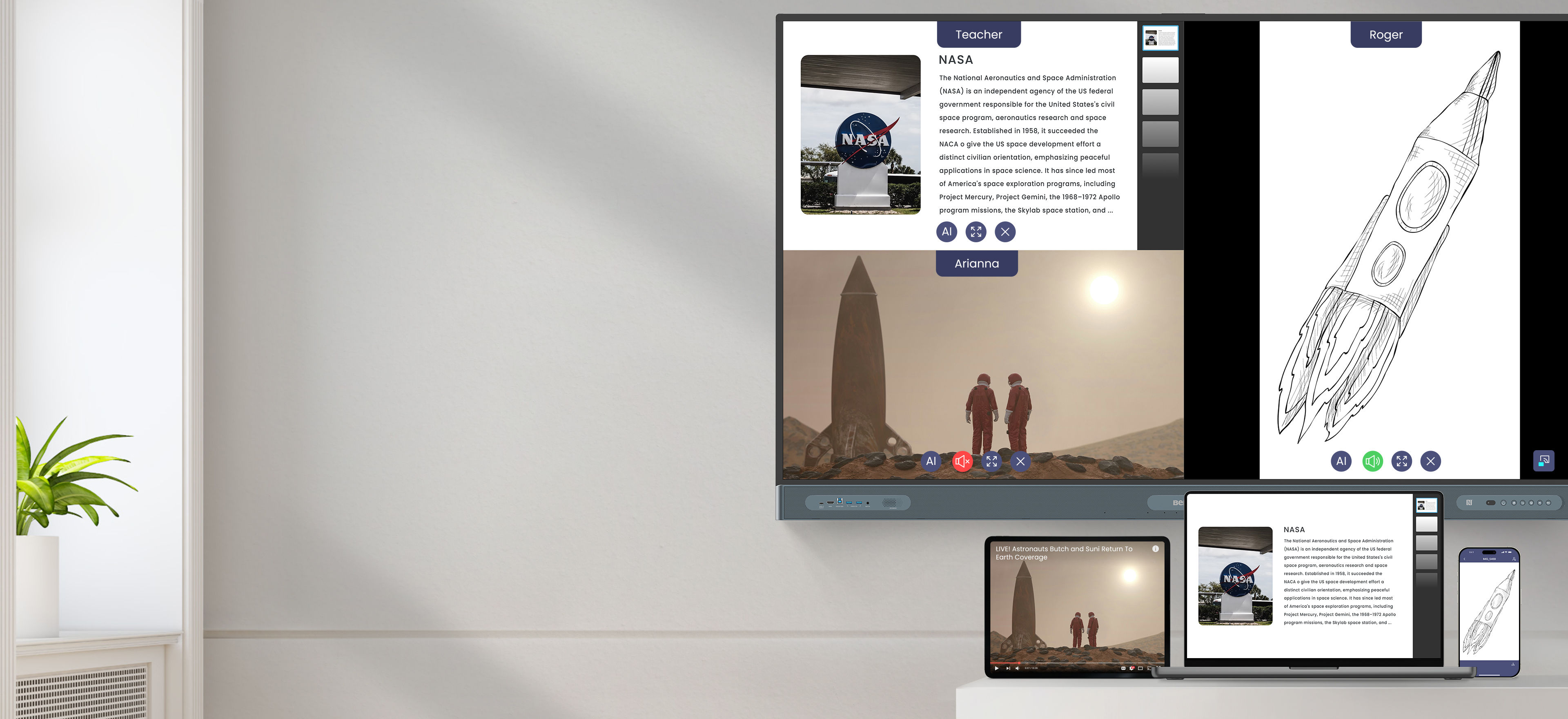 Laptop, tablet and smartphone sharing screens wirelessly onto a display