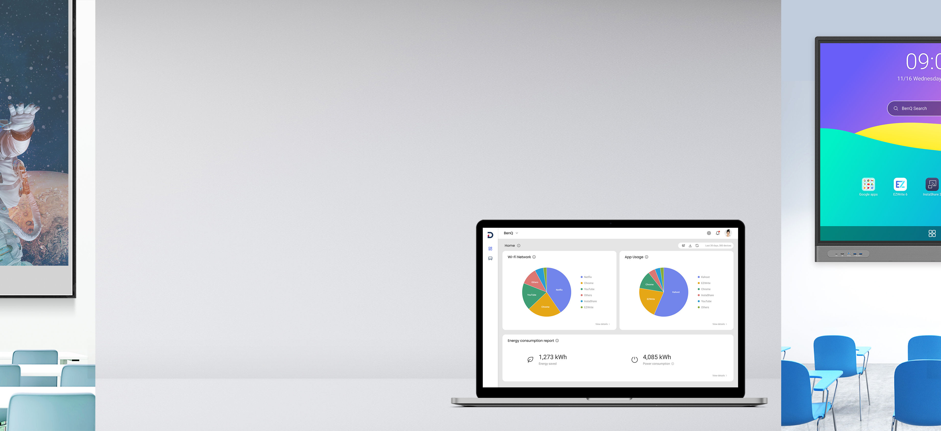 Laptop showing device management dashboard between two classrooms