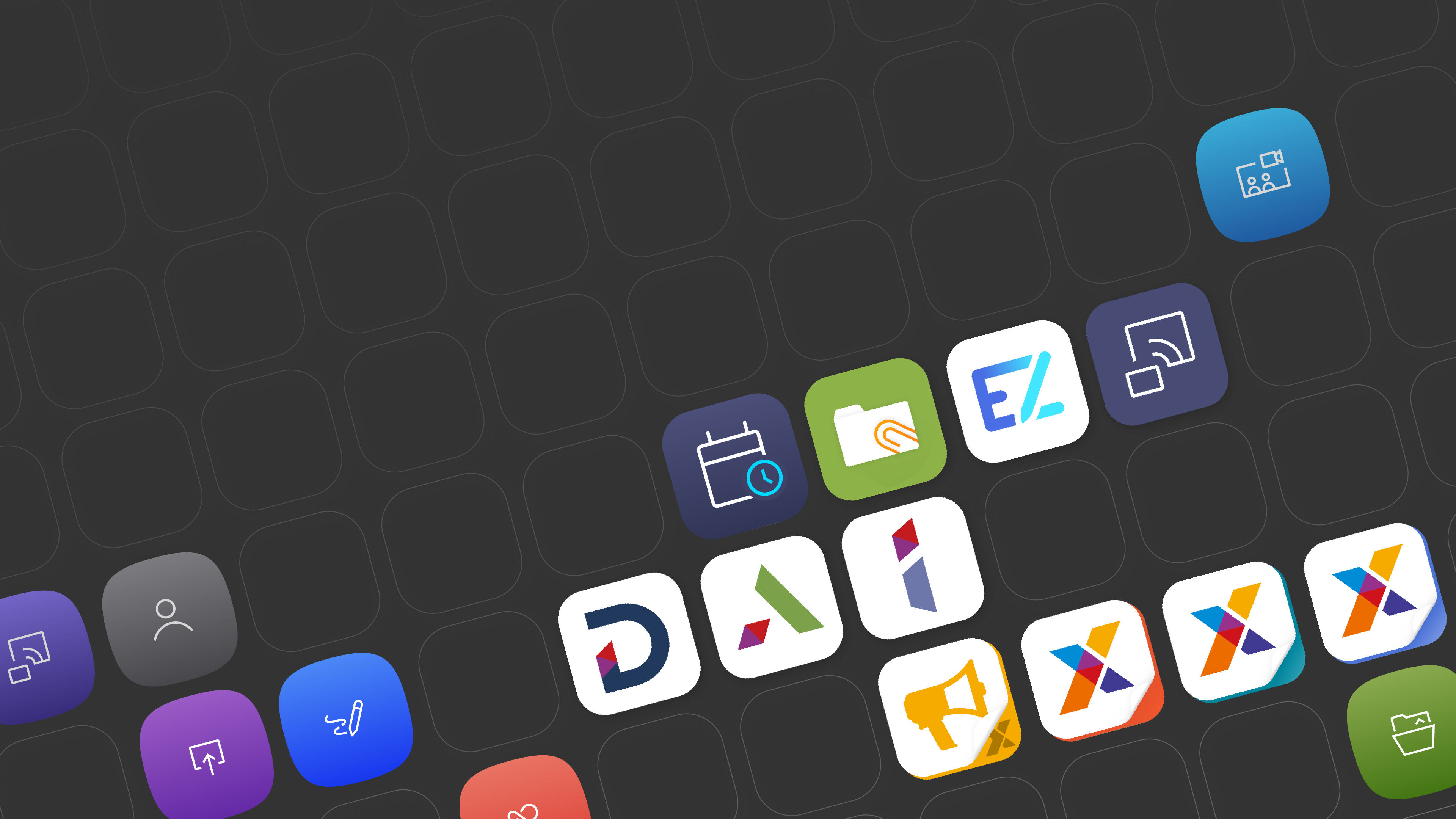 A mosaic of colorful software icons representing BenQ's expansive business ecosystem, including tools for device management, account security, digital signage, and wireless collaboration.