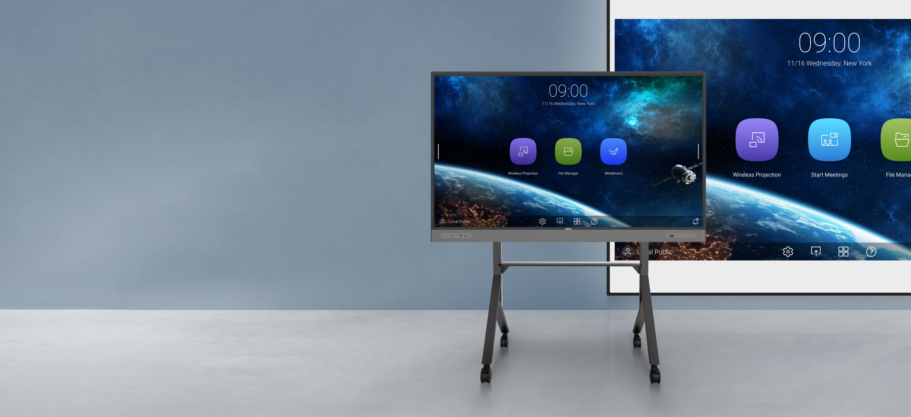 BenQ Board display on rolling stand showing Uni UI user interface