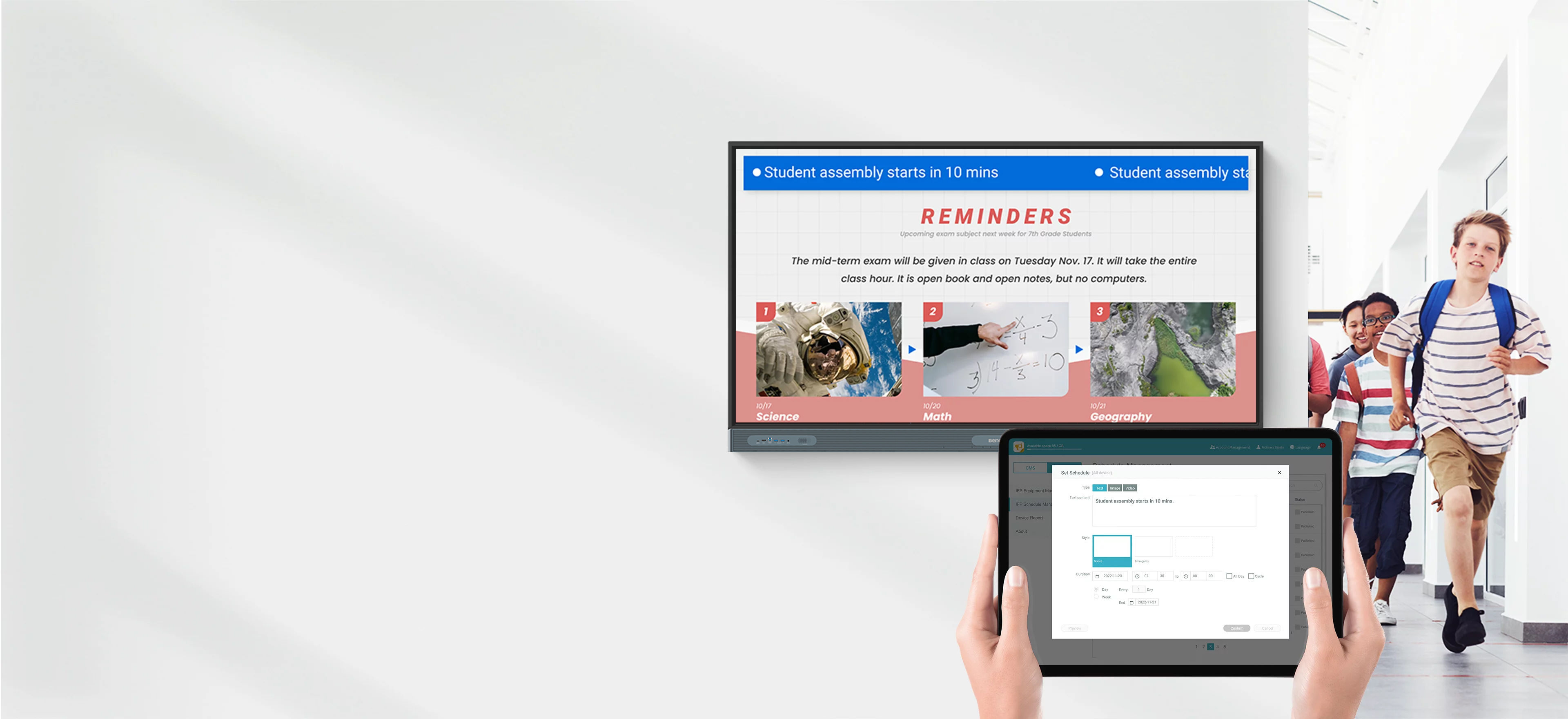 Announcement content being prepared on a tablet in hallway with kids and digital signage display