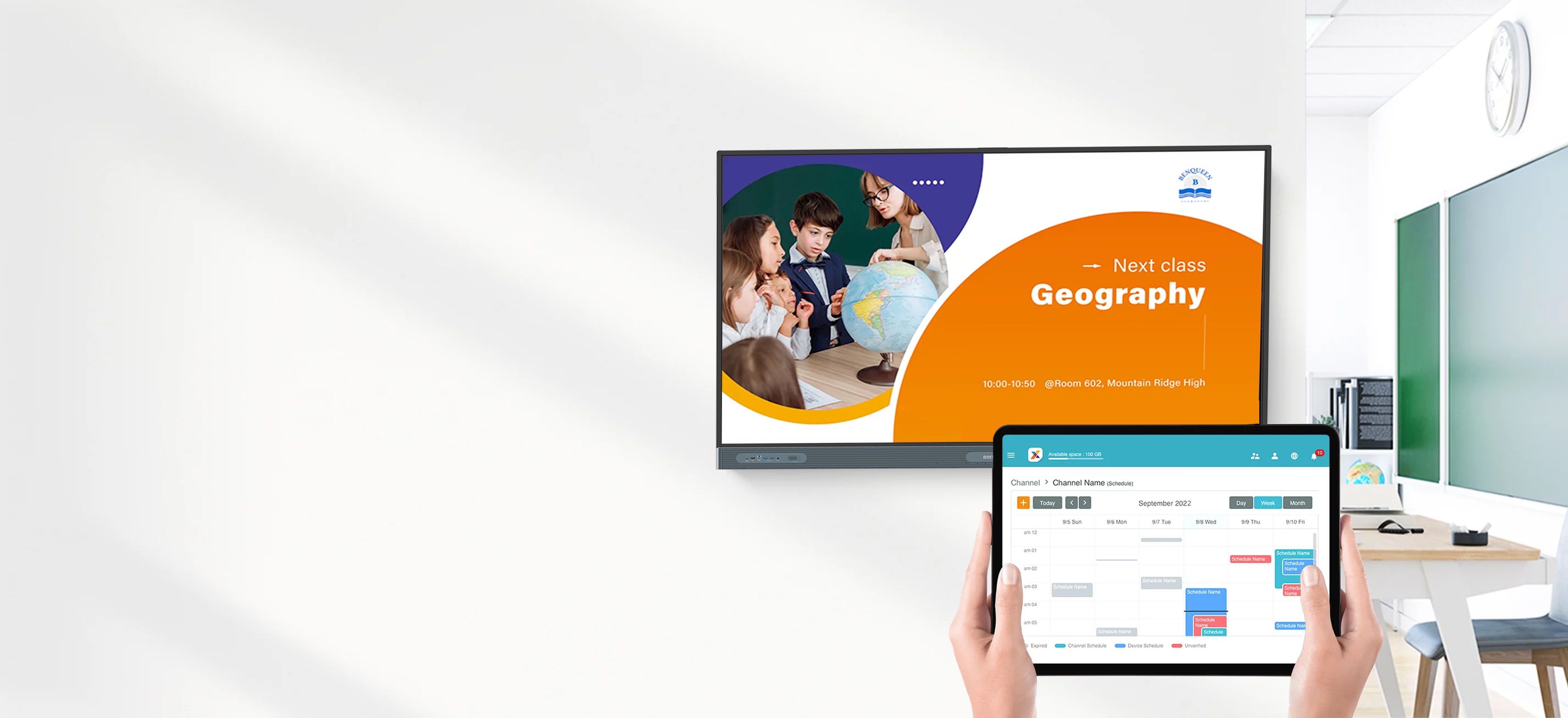 Digital signage content being pushed remotely onto a display and scheduled on a tablet