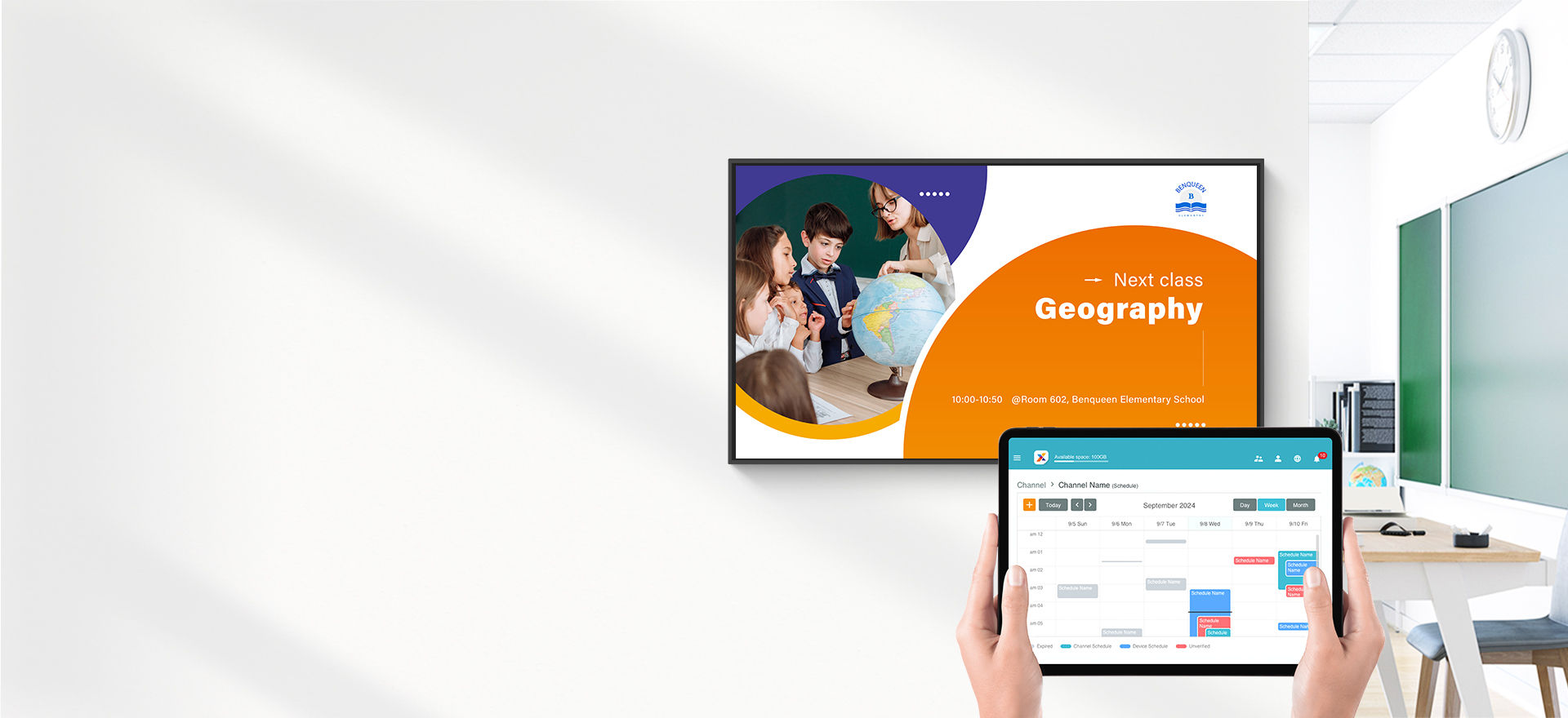 Digital signage content being pushed remotely onto a display and scheduled on a tablet