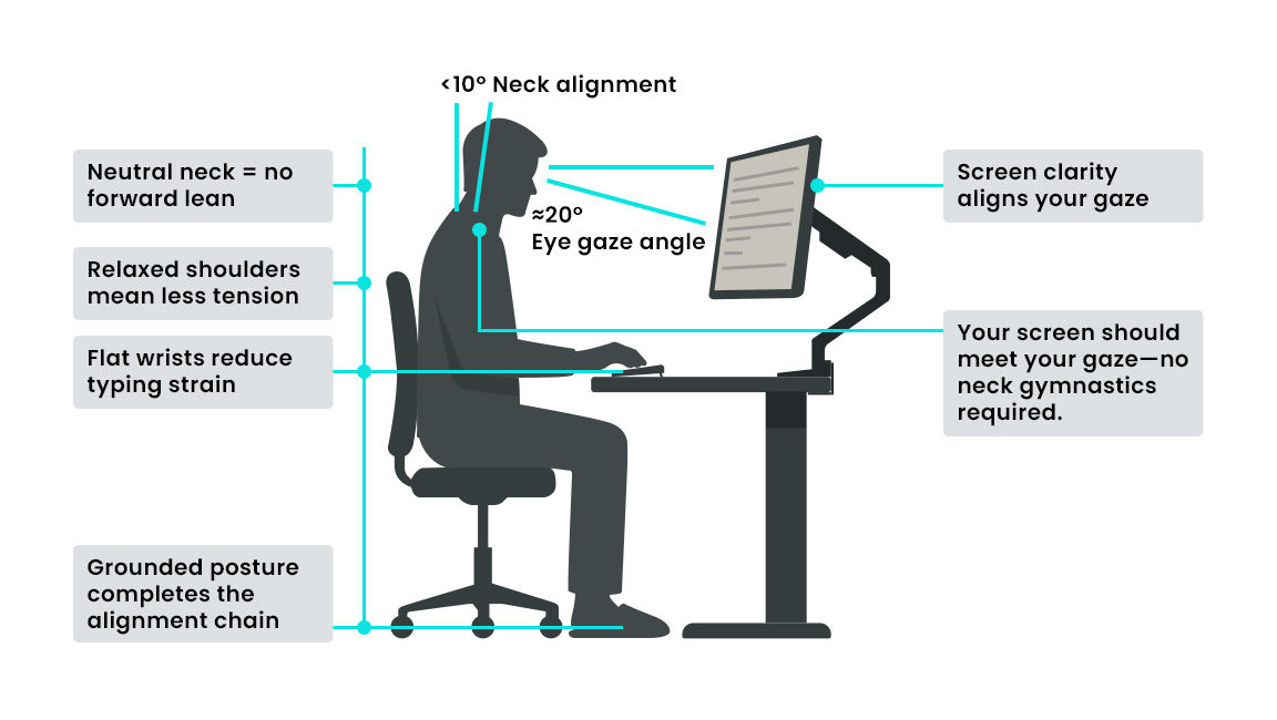 Static screens create micro-discomforts that chip away at focus, while dynamic monitors preserve your posture and your momentum. It’s all one chain: Eyes, Neck, Spine,  Shoulders,  Wrists, Feet
