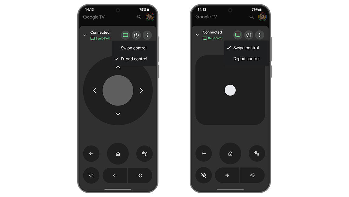 Google TV remote control app interface shown on two smartphones, displaying D-pad and swipe control modes for projector navigation.