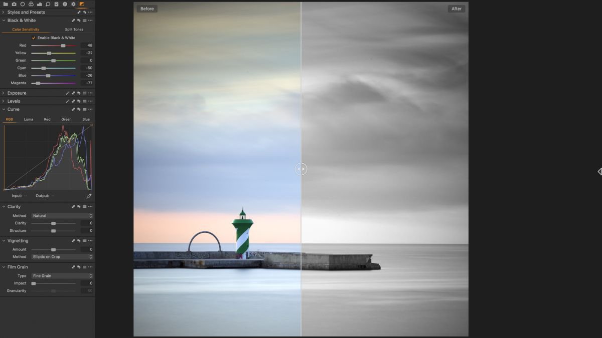 Before and After using Black and White conversion in Capture One Pro – The Port of Barcelona Spain.