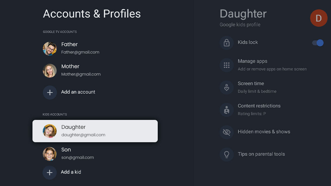 Google TV parental controls interface showing child profiles and settings such as screen time limits, content restrictions, and kids lock for safe viewing.