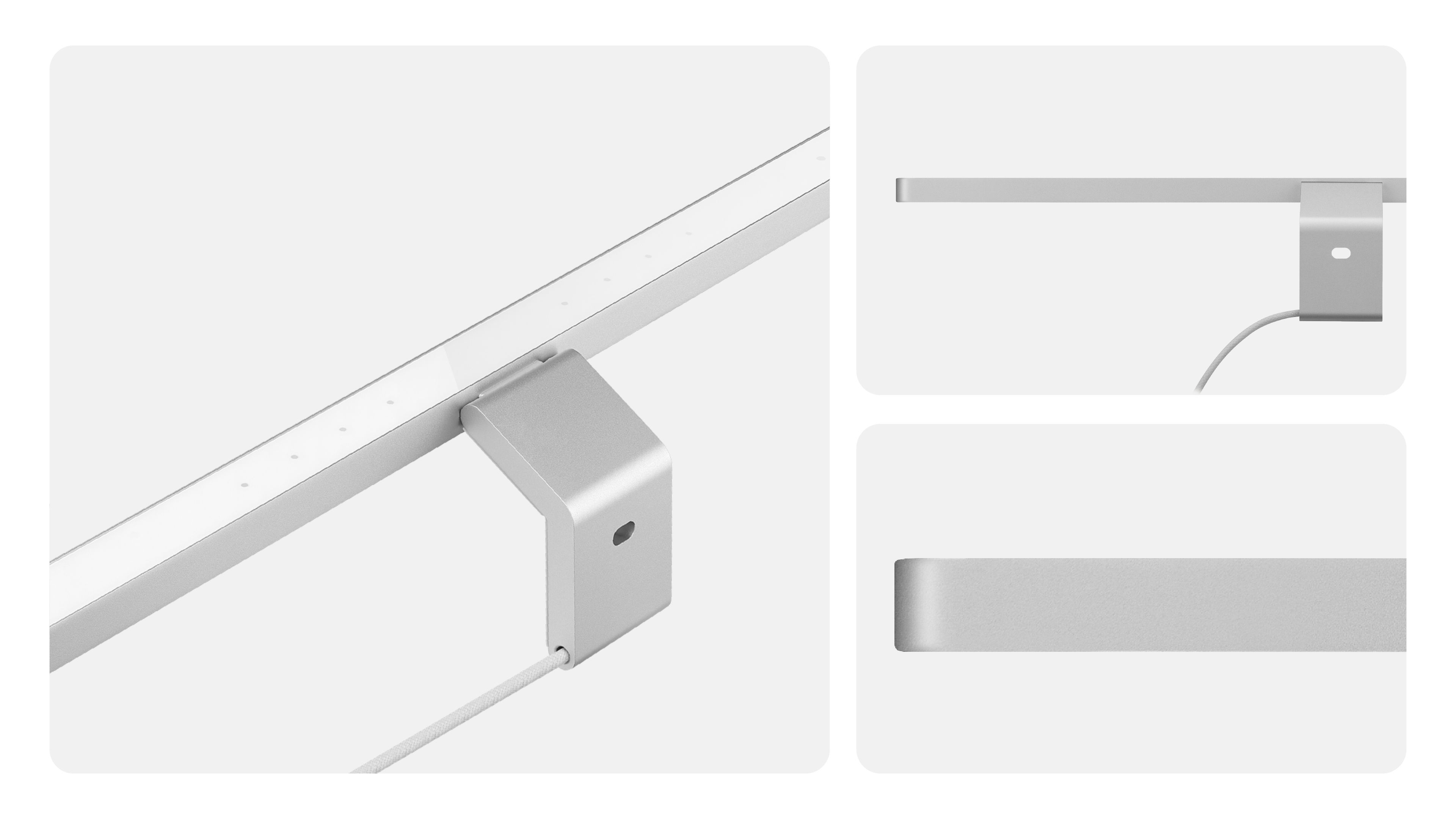 Close-up views of the BenQ iScreenBar showcasing its precision-machined unibody aluminum construction, seamless magnetic mount, and refined glass touch surface.