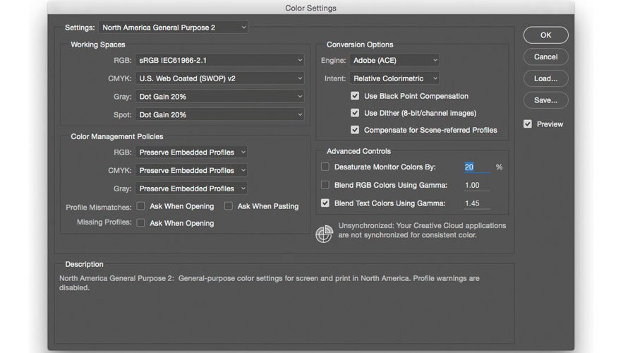 For color management, you may use Photoshop and open the first window, color setting.