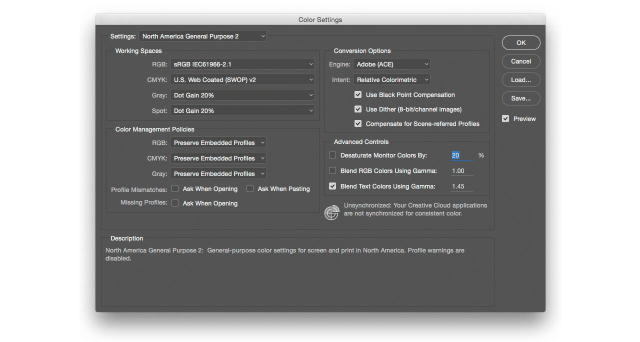 For color management, you may use Photoshop and open the first window, color setting.