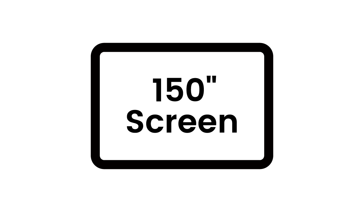 A White rectangular screen icon with the text "150" Screen," highlighting the large display capabilities of a BenQ smart business projector for versatile workplace solutions.