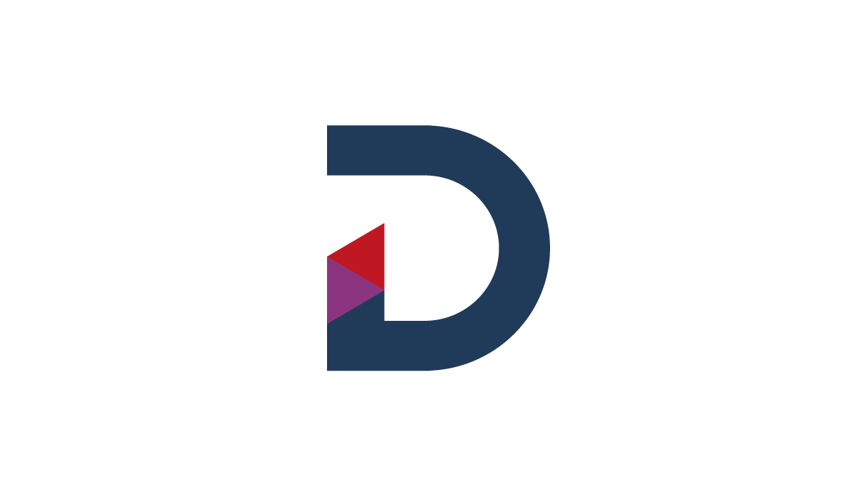 A stylized navy and red "D" logo positioned above the "DMS / OTA" heading, highlighting centralized device administration and OTA updates for a BenQ smart projector fleet.