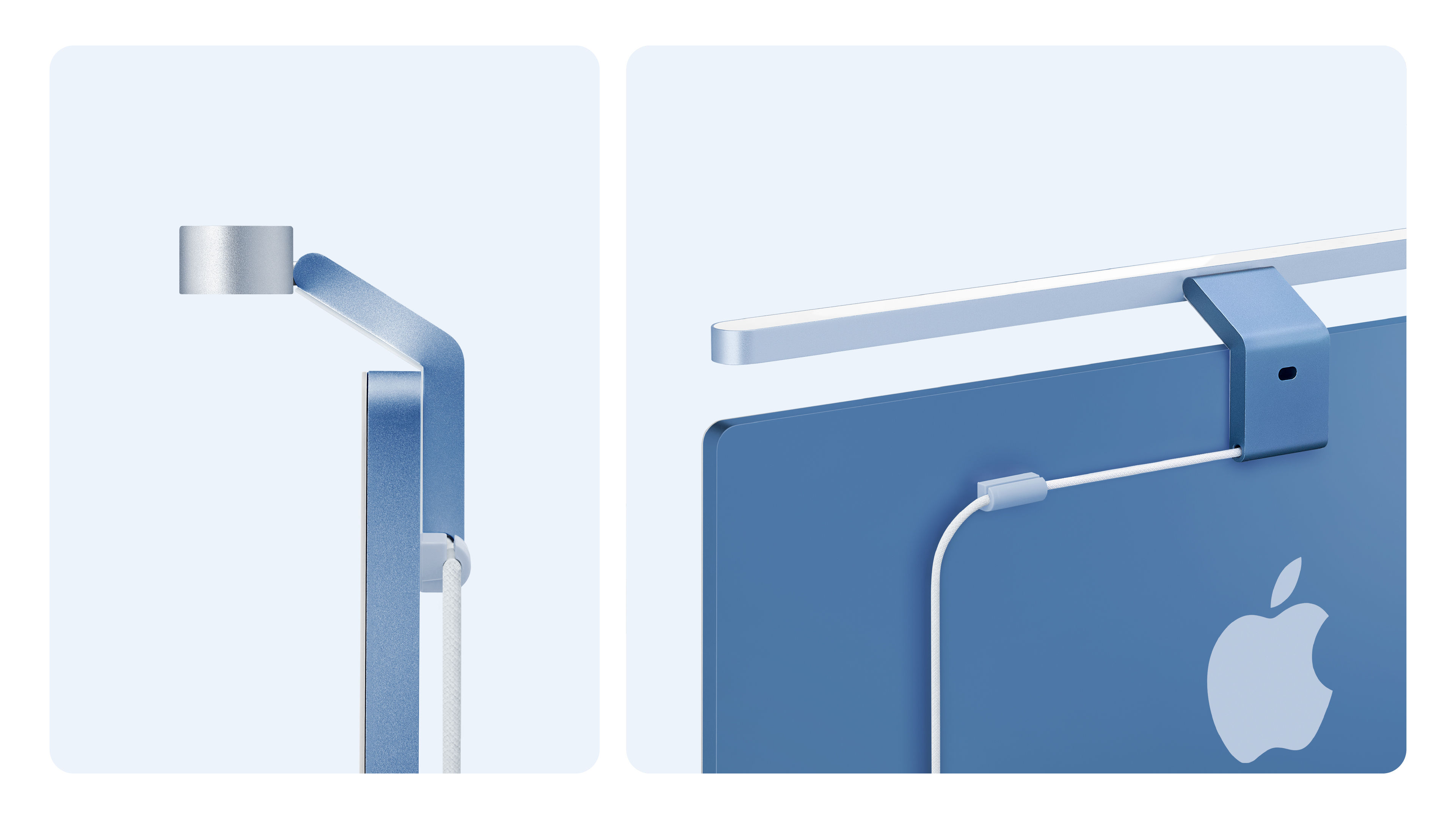BenQ iScreenBar magnetically mounted on an iMac with integrated cable management, preserving the iMac's clean and iconic design.