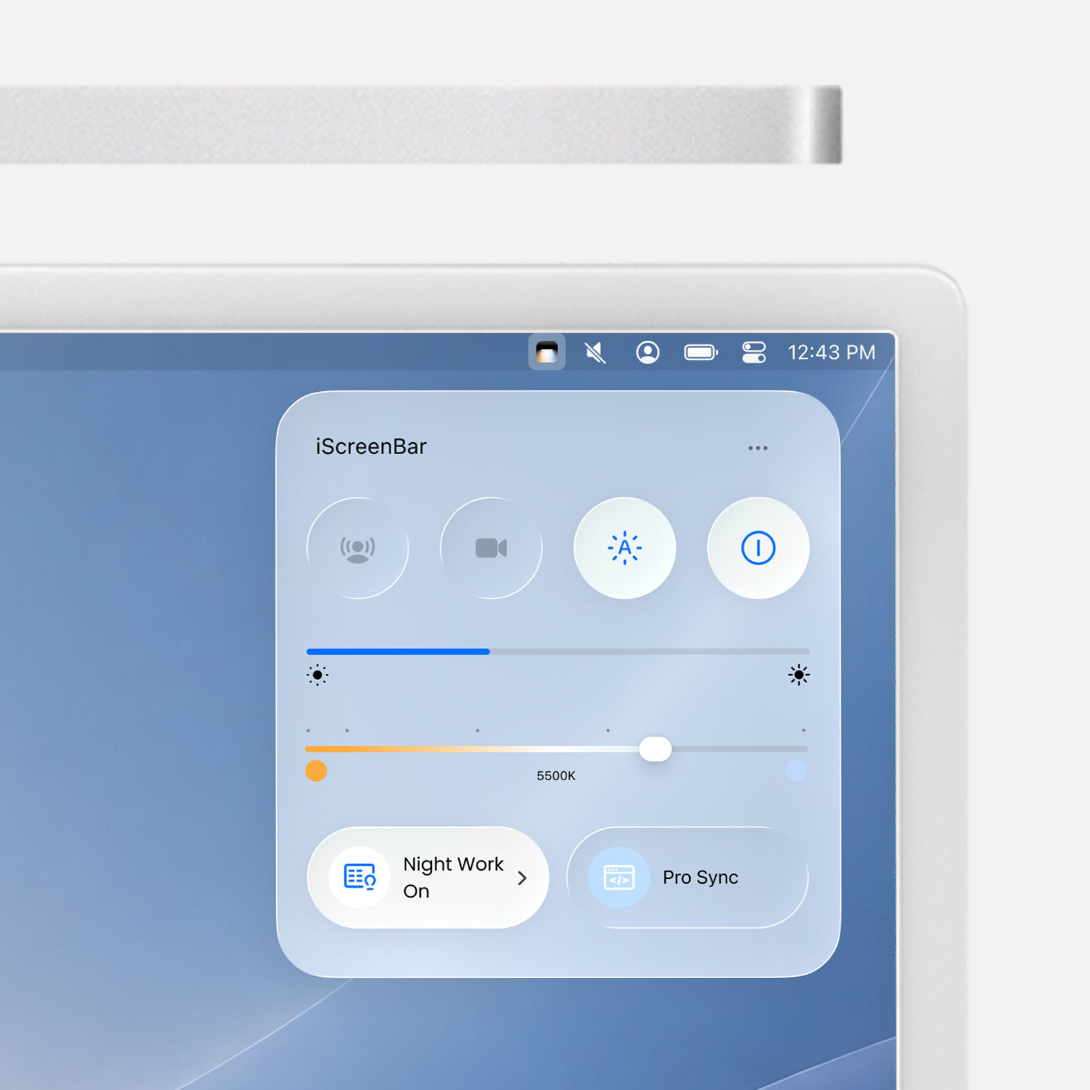 BenQ iScreenBar macOS app controlling brightness, color temperature, and lighting profiles on an iMac.
