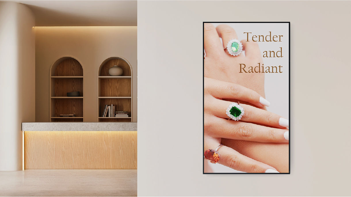 BenQ ST04 display in a professional environment, featuring a 350-nit 4K screen with 10-bit color depth and 18/7 operation for offices, retail spaces, and meeting rooms.