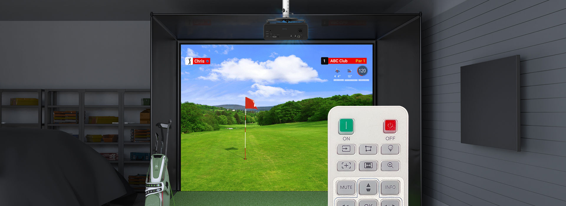 BenQ AH500ST laser short throw golf simulation projector simplifying setup process with dedicated remote control