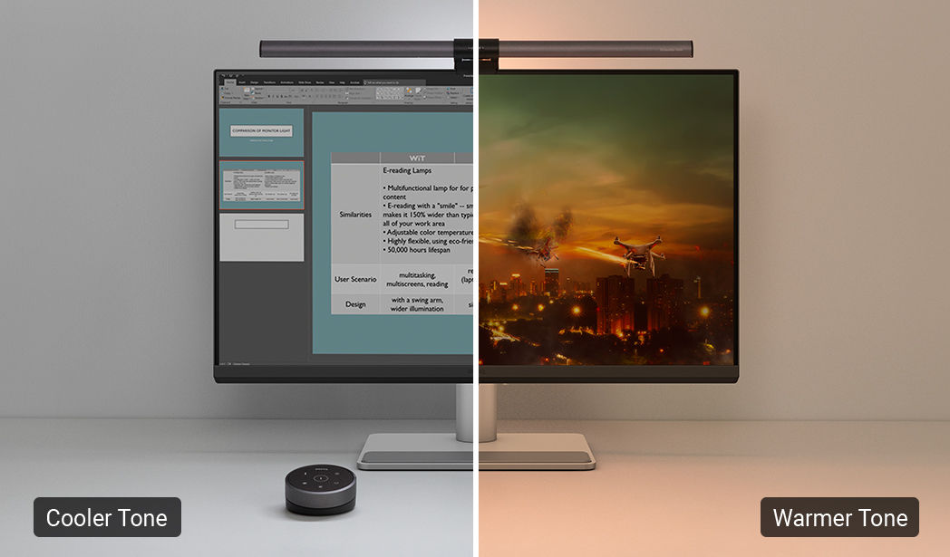 BenQ MA monitors with BenQ ScreenBar provide adjustable brightness without introducing glare, reducing eye strain from prolonged screen work while adding a futuristic glow to your Mac mini setup.