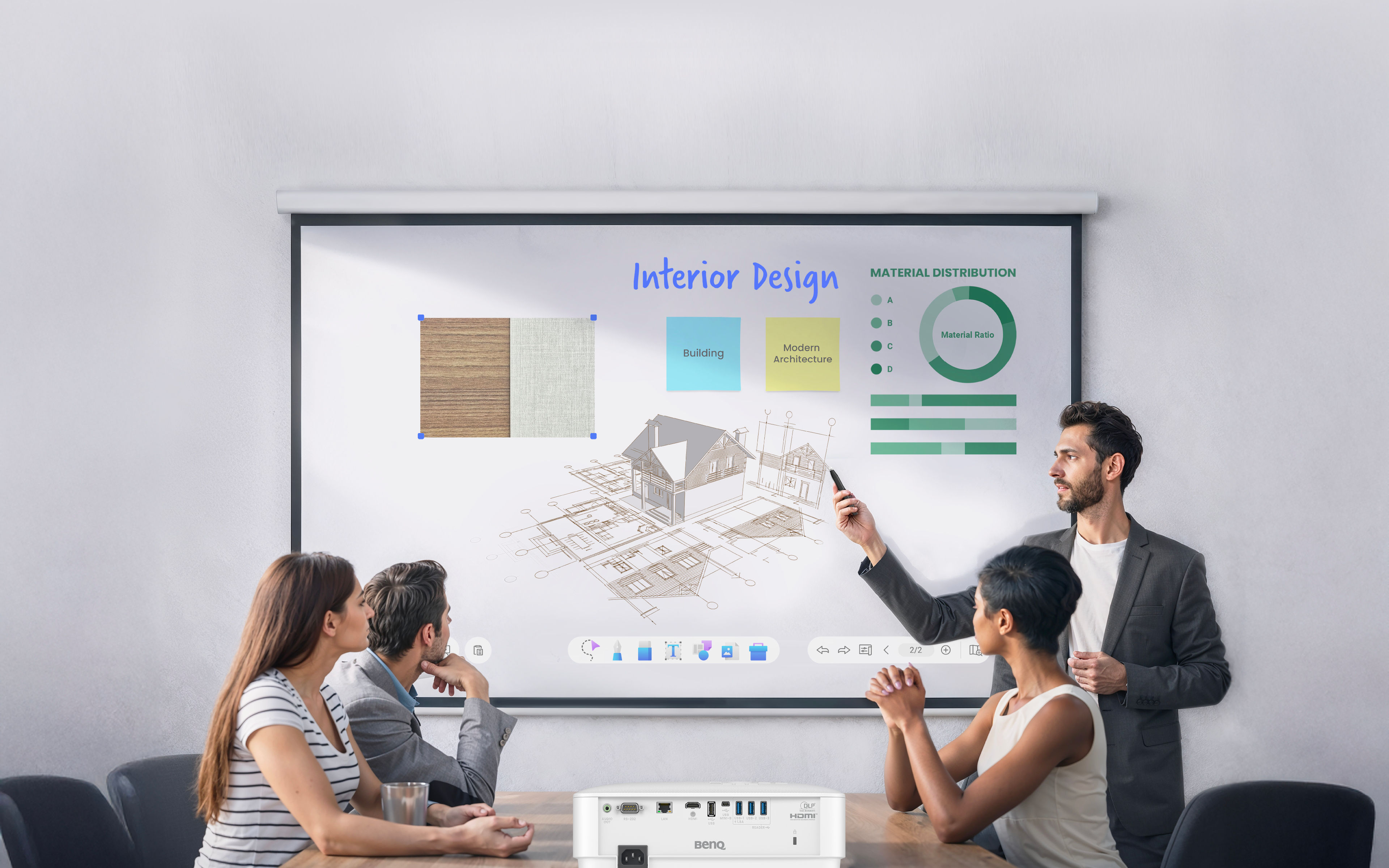 A professional team in a boardroom collaborating on interior design blueprints displayed on a large screen, with a BenQ smart business projector transforming the space into an integrated hub for cloud-based collaboration.
