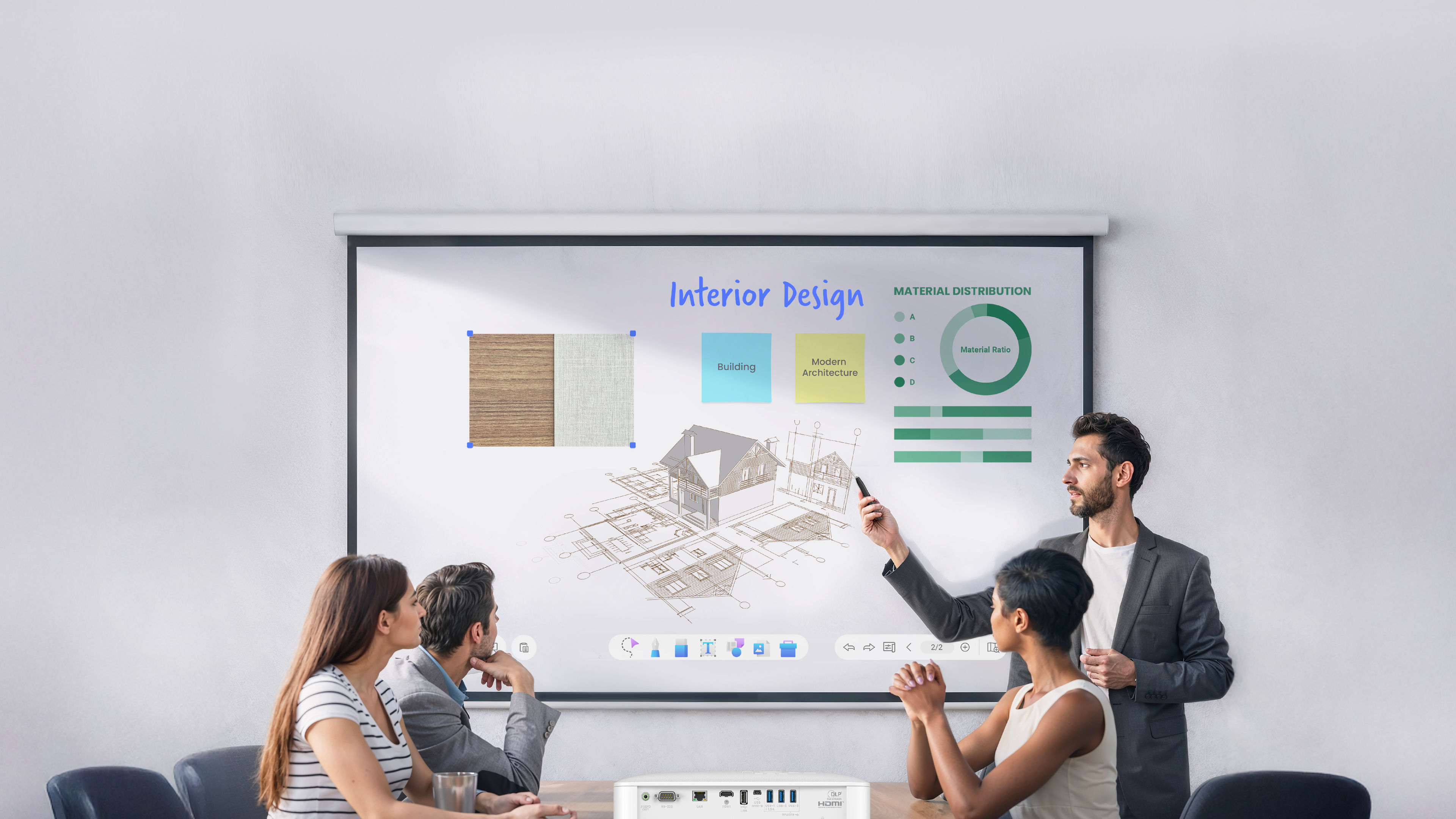 A professional team in a boardroom collaborating on architectural blueprints displayed on a large screen, where a presenter uses touch gestures enabled by the optional Interactive Module on a BenQ smart business projector for dynamic workplace solutions.