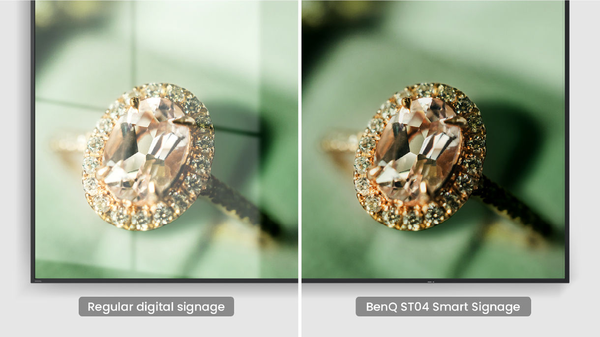 Side-by-side comparison of a regular digital signage versus the BenQ ST04 with an improved anti-glare screen and low blue light technology for comfortable viewing.