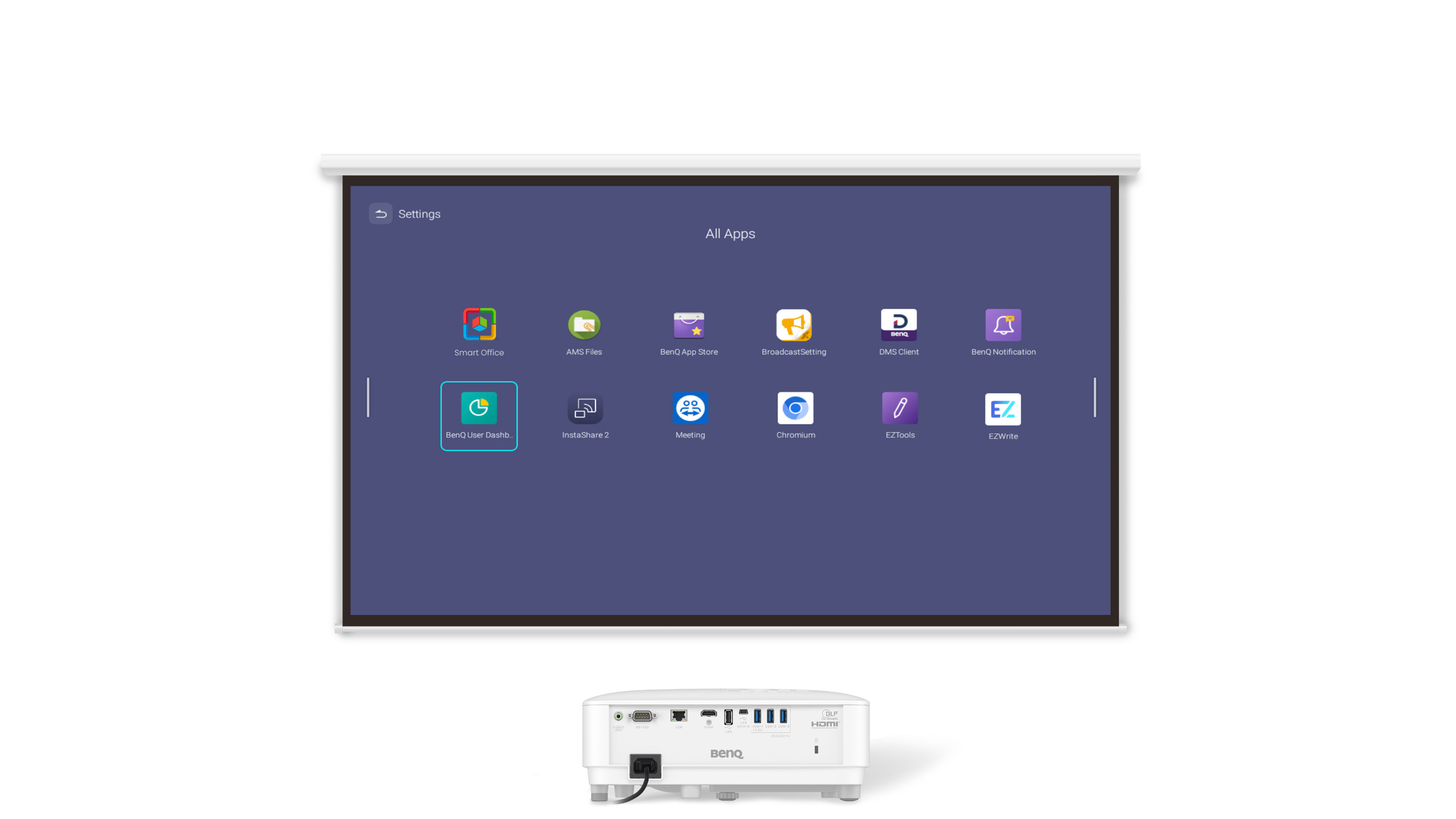 A white BenQ smart business projector positioned below a projection screen displaying an "All Apps" dashboard, with the heading "PC-Free Meetings" at the top to highlight PC-less workplace solutions for efficient collaboration .