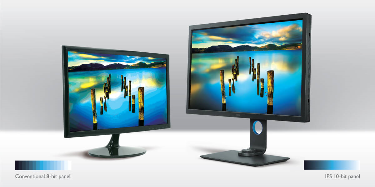 two monitors show the difference of 10-bit and 8-bit panel color depth