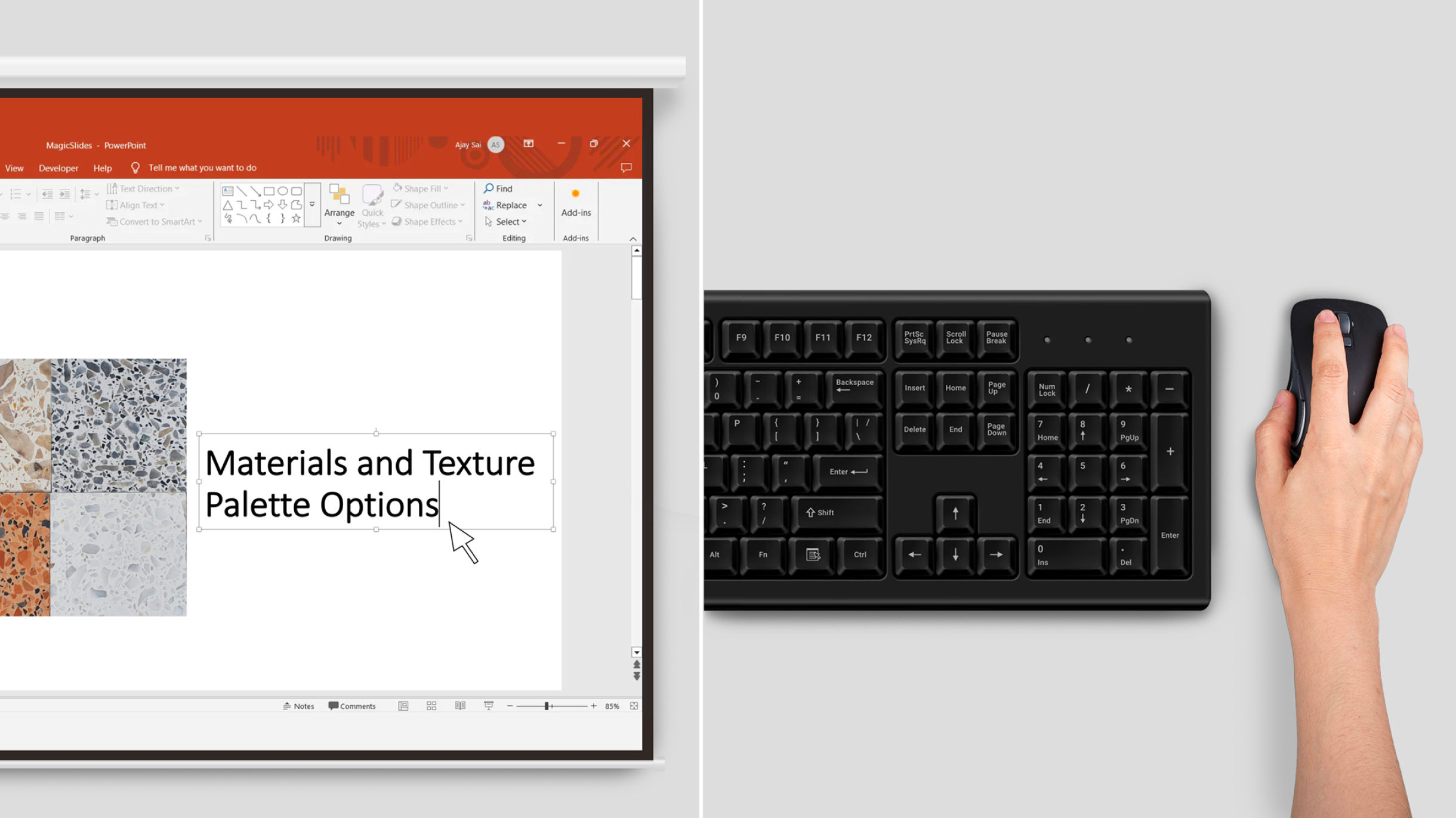 A hand using a black keyboard and mouse to control a PowerPoint presentation on a projection screen, highlighting the seamless device compatibility of the BenQ smart business projector for PC-free workplace solutions.