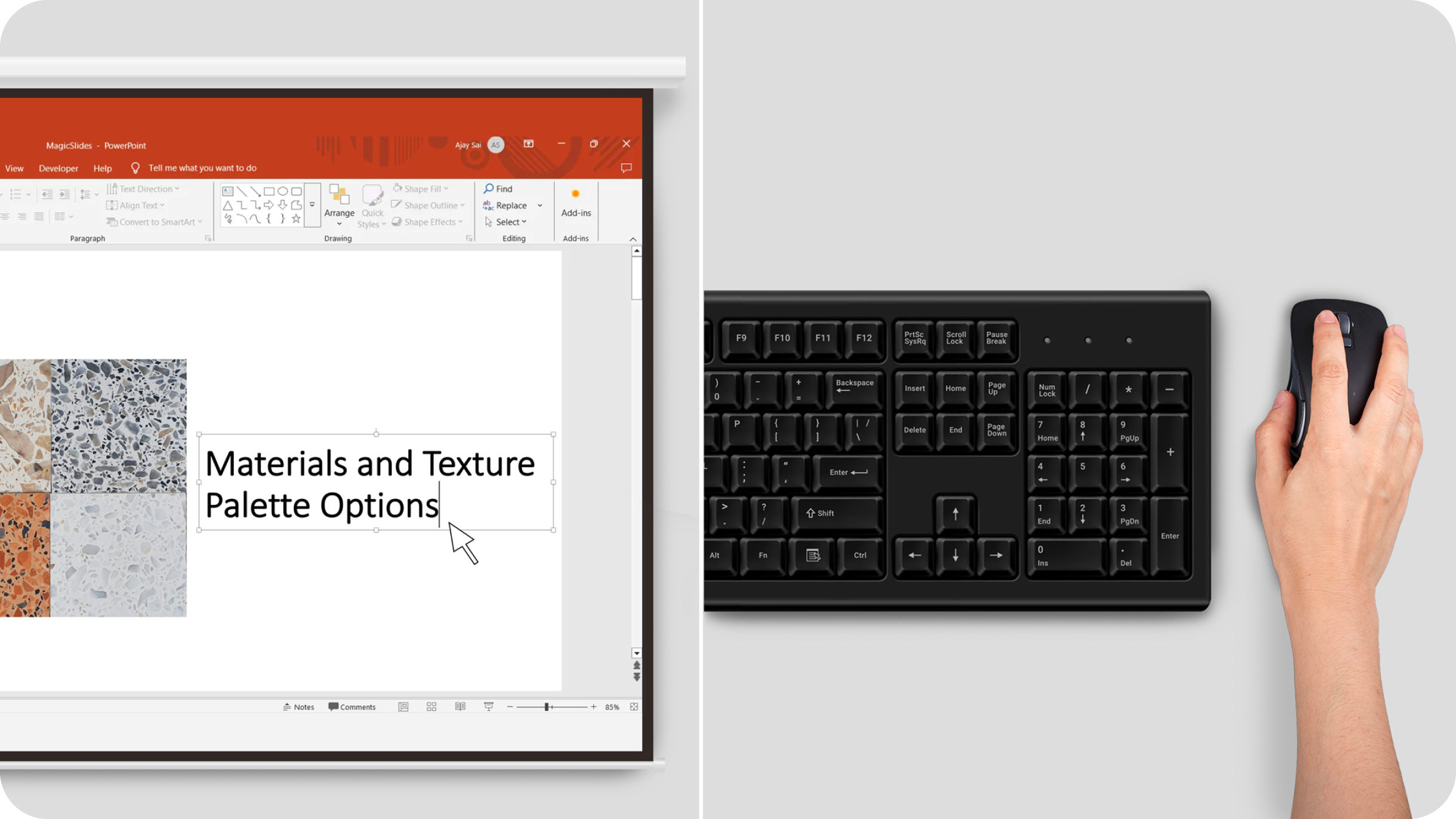 A hand using a black keyboard and mouse to navigate a PowerPoint slide on a projection screen, illustrating the "Seamless Device Compatibility" of a BenQ smart business projector for PC-free workplace solutions.