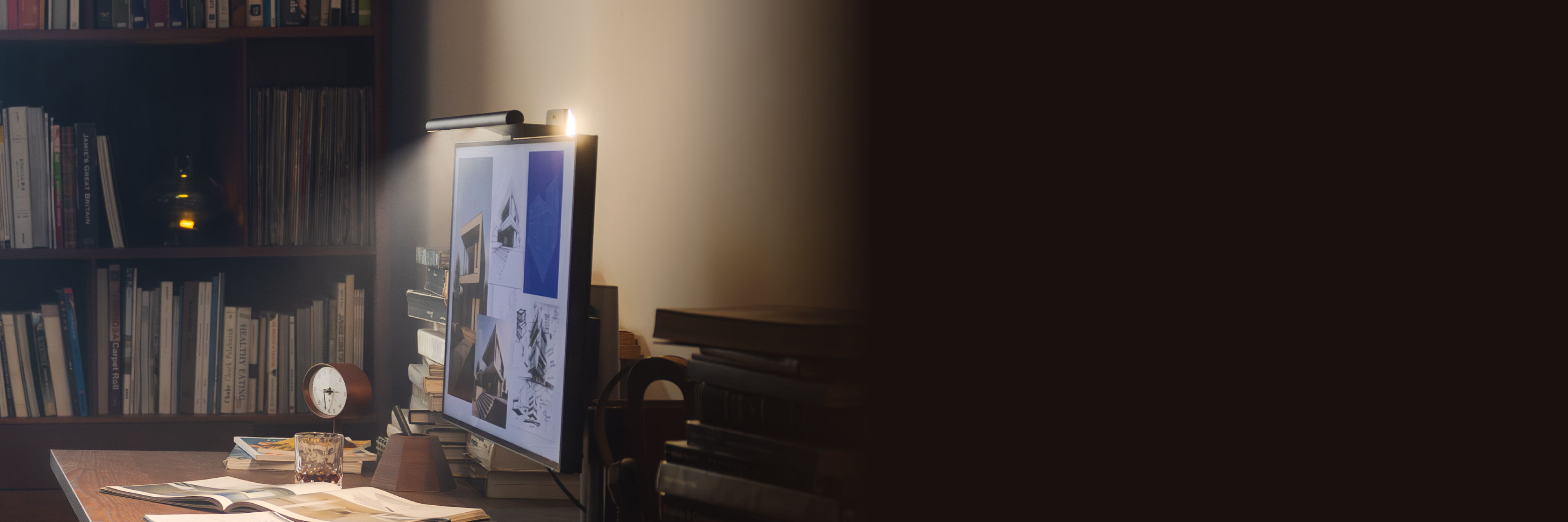 BenQ ScreenBar® Halo 2 monitor light bar designed for dark environments, balancing screen and ambient light to reduce eye strain and sustain focus.