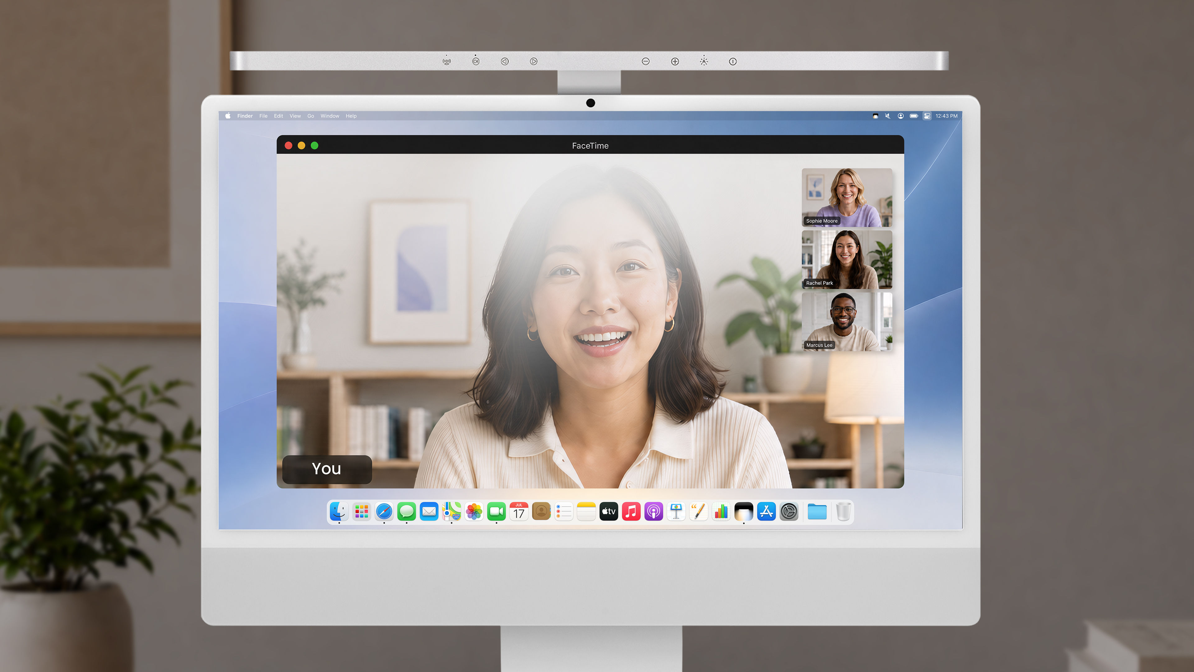 Video call on an iMac with BenQ iScreenBar Video Call Mode disabled, allowing the center light to create camera flare and a slightly overexposed image.