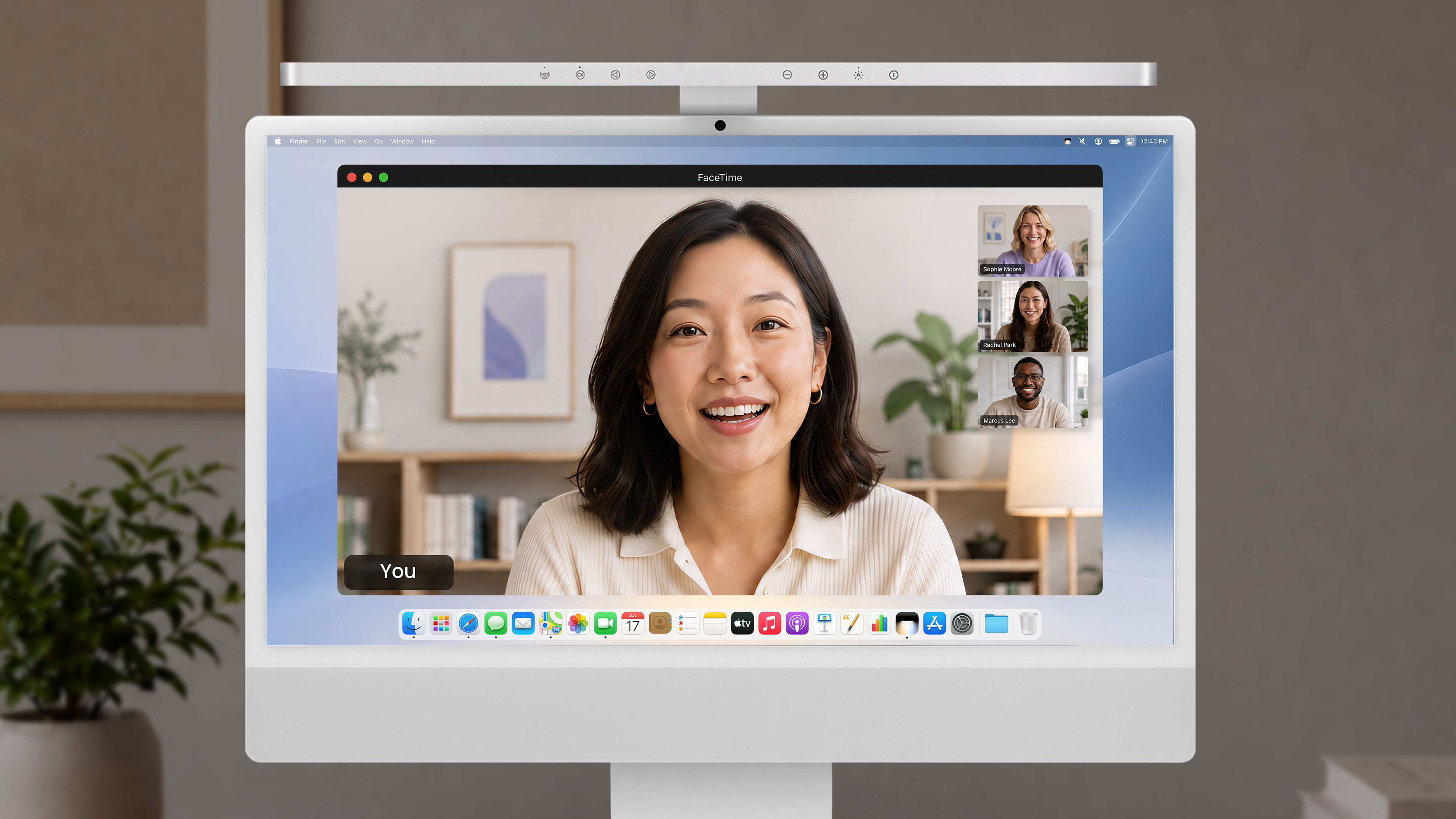 Video call on an iMac with BenQ iScreenBar Video Call Mode enabled, dimming the center light while illuminating both sides for a natural on-camera appearance.