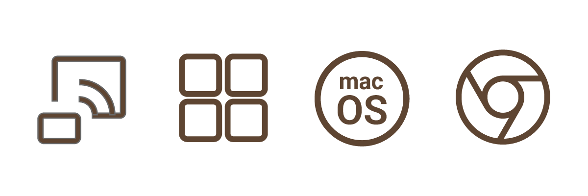 Four bronze icons representing screen mirroring, Windows, macOS, and Chrome positioned above the "BYOD" heading, showcasing the extensive device compatibility of a BenQ smart business projector for flexible workplace solutions.