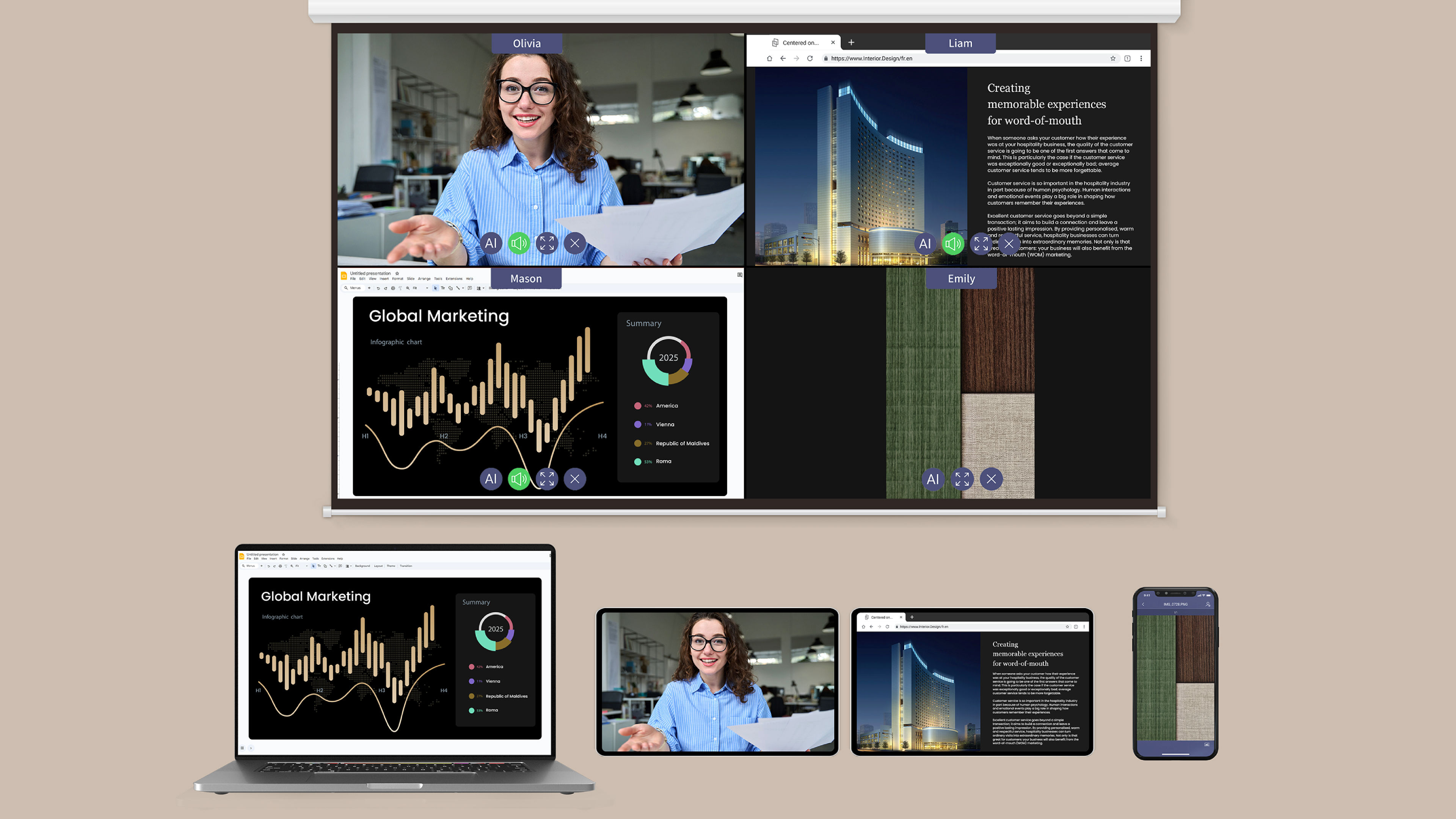 A projection screen displaying four split-screen contents from a laptop, tablet, and smartphone simultaneously, illustrating the InstaShare 2 wireless casting feature of a BenQ smart business projector for collaborative workplace solutions.