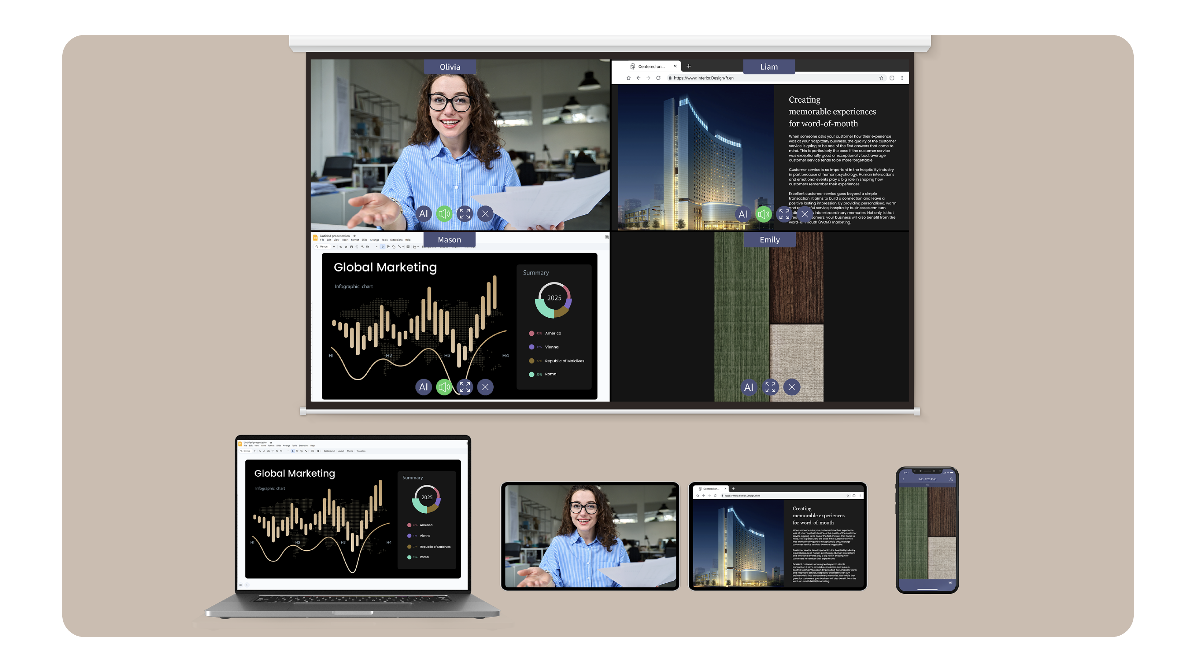 The heading "Screencast Any Device Intuitively" positioned above a projection screen displaying a 4-way split screen with content from a laptop, tablet, and smartphone, illustrating the wireless casting feature of a BenQ smart business projector for collaborative workplace solutions.