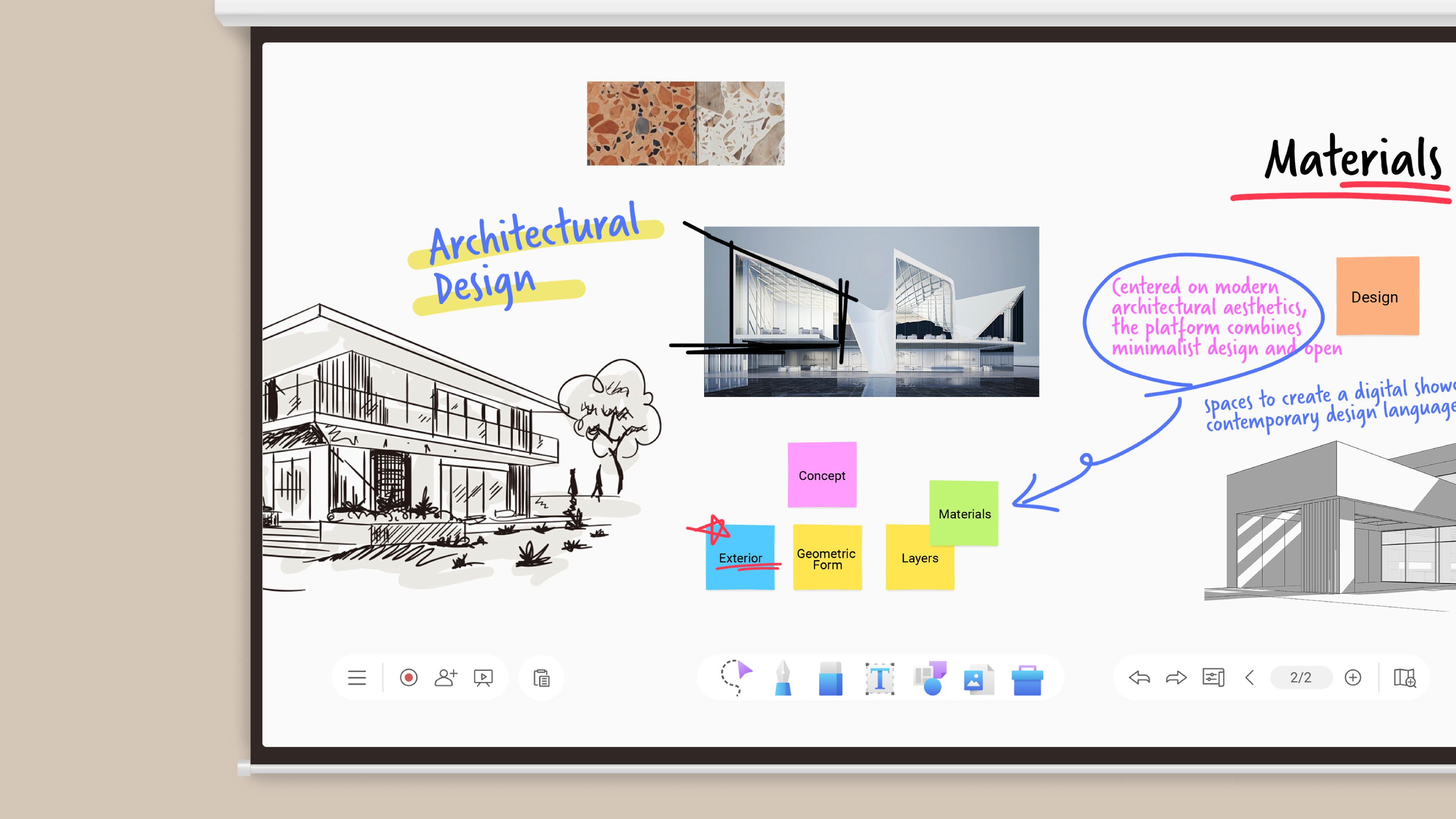 A projection screen displaying an architectural design brainstorming session with building sketches, color swatches, and handwritten annotations made via the integrated EZWrite 6 toolbar, highlighting the interactive collaboration of a BenQ smart business projector for dynamic workplace solutions.