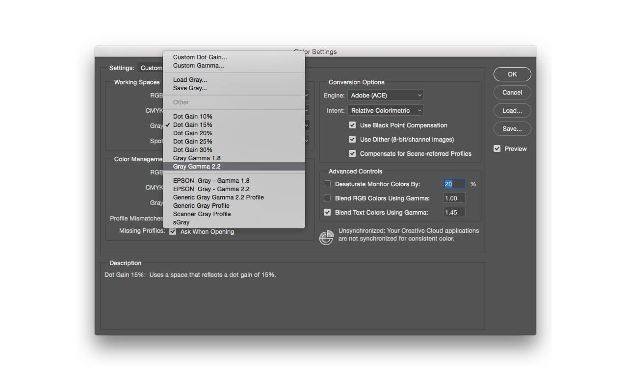 Click on the Gray menu in Working Spaces and select Gray Gamma 2.2 when RGB working space is sRGB.