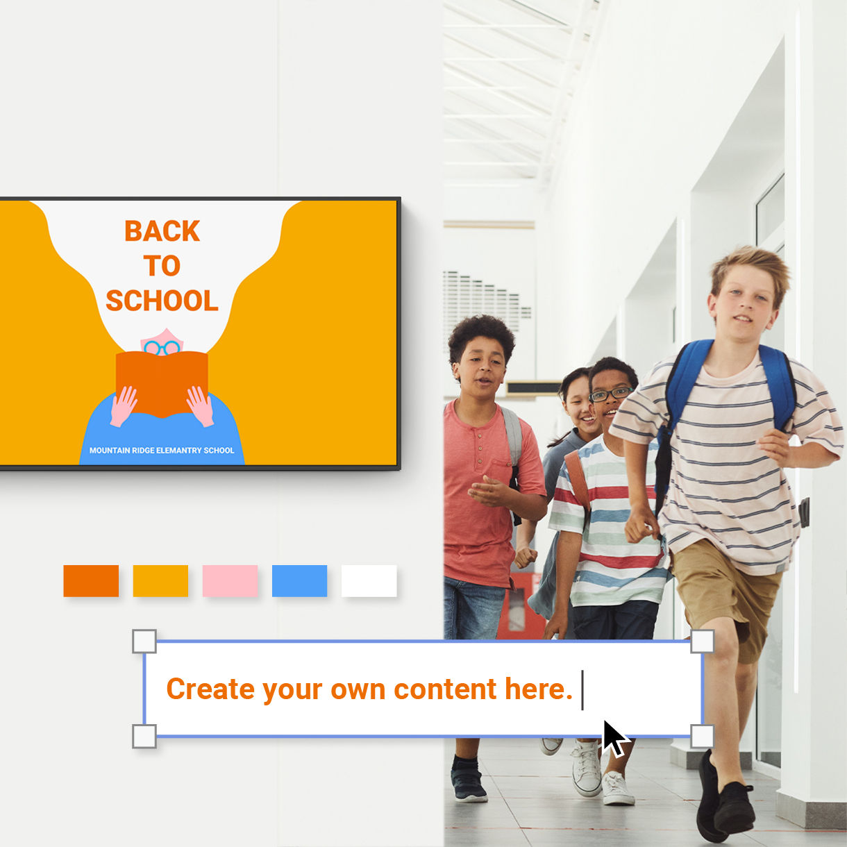 Kids walking in hallway next to digial signage showing a back to school sign